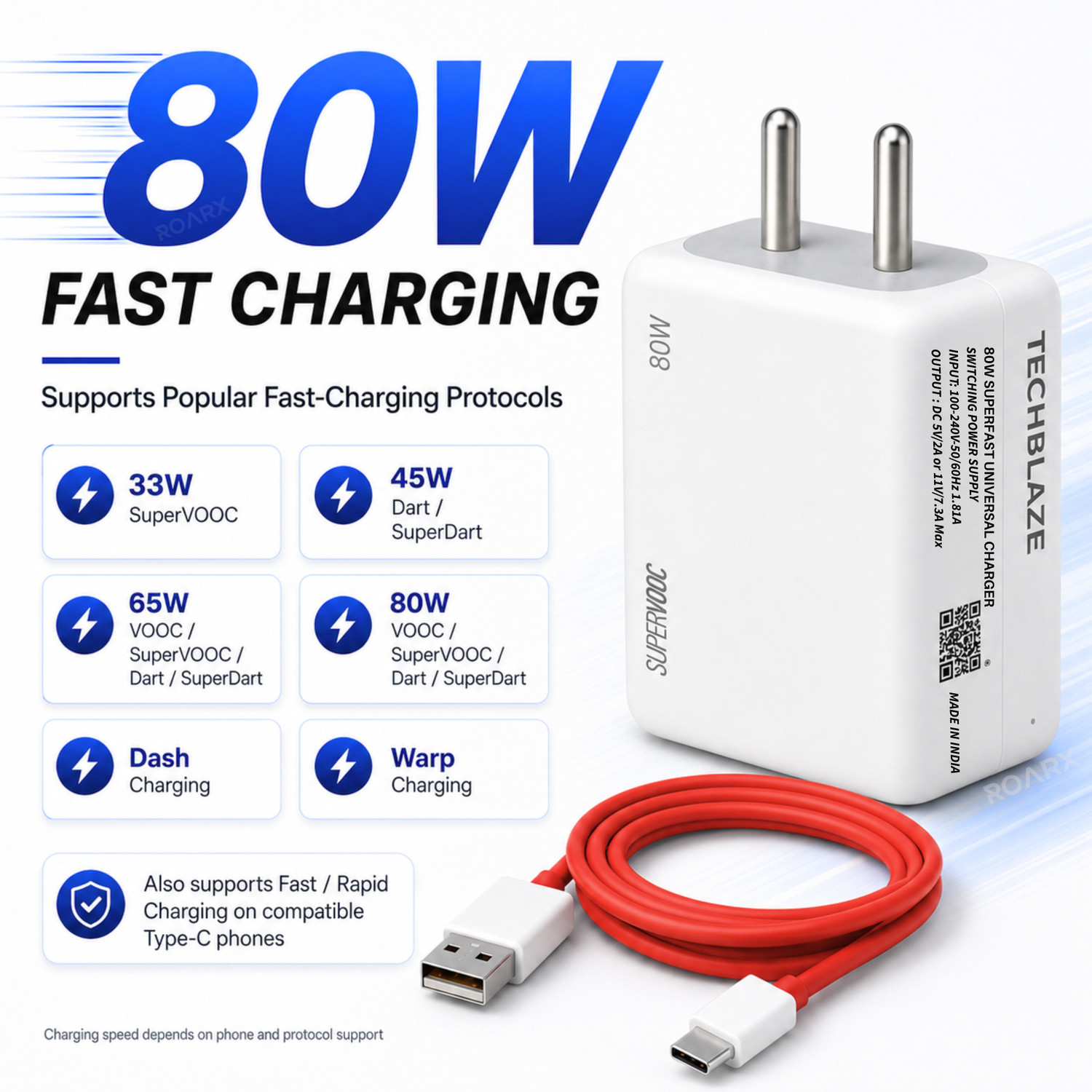 Image of TechBlaze 80 W SuperVOOC 3 A Wall Charger for Mobile with Detachable Cable