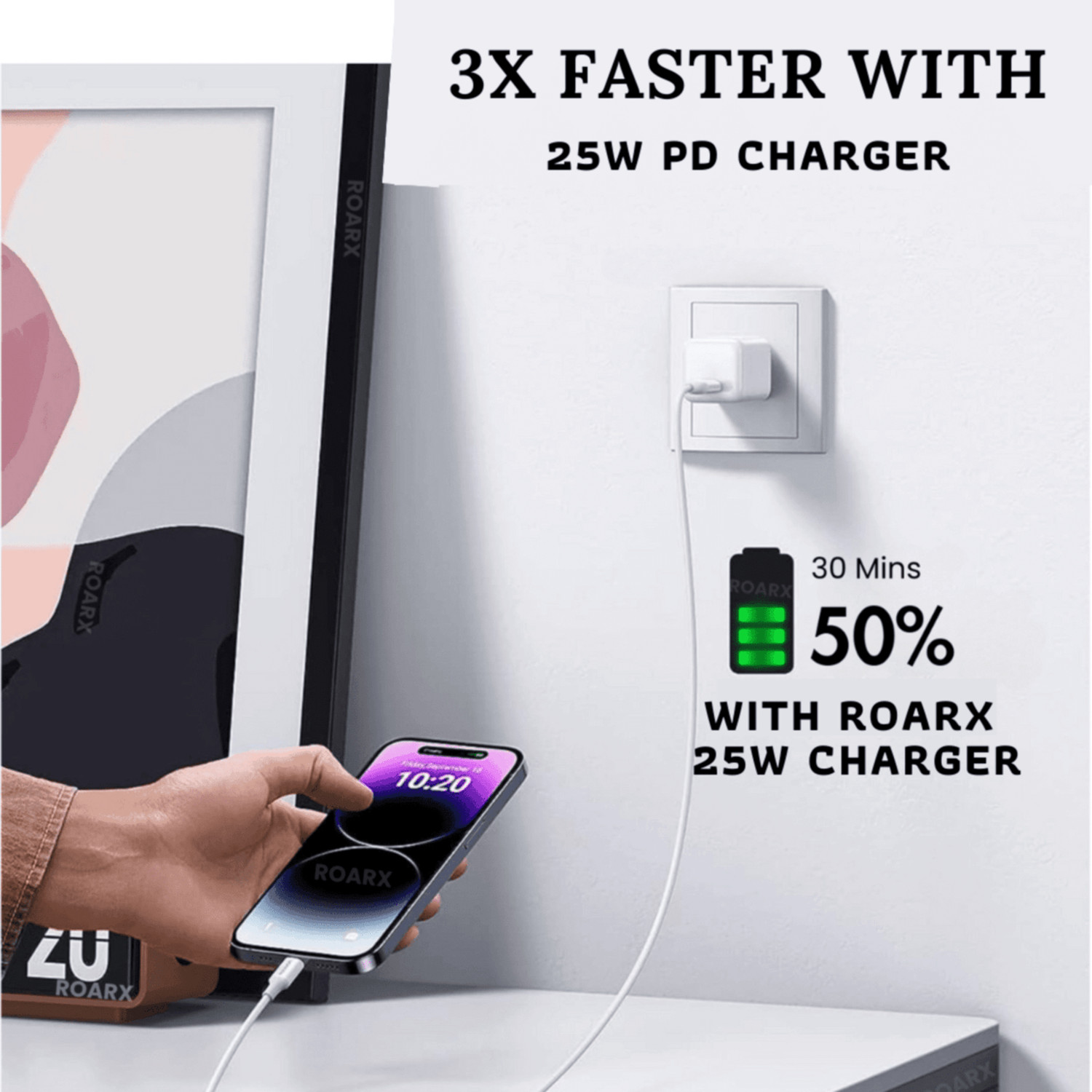 Image of RoarX 25 W Adaptive Charging 3.1 A Wall Charger for Mobile with Detachable Cable