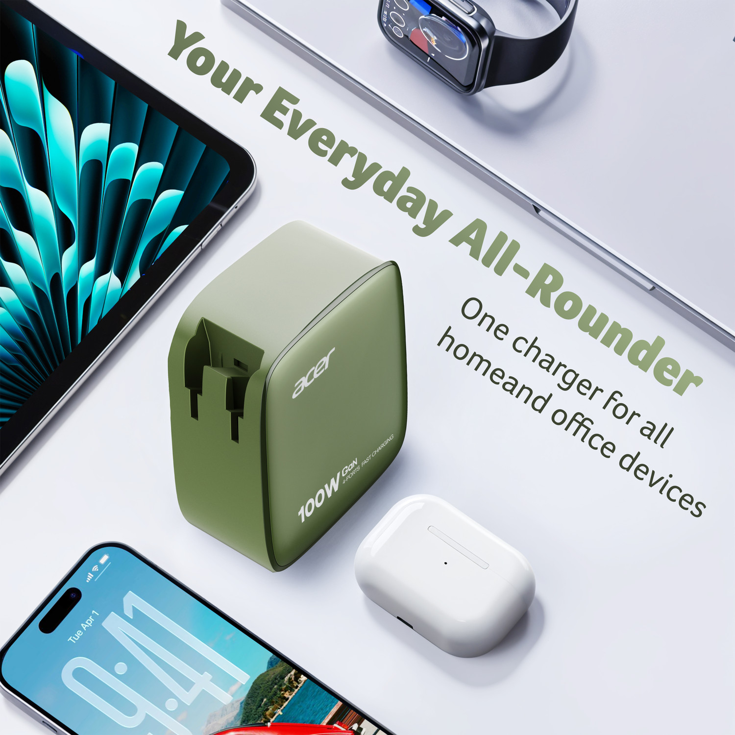 Image of Acer 100 W GaN 5 A Multi-pin Wall Charger for Mobile with Detachable Cable