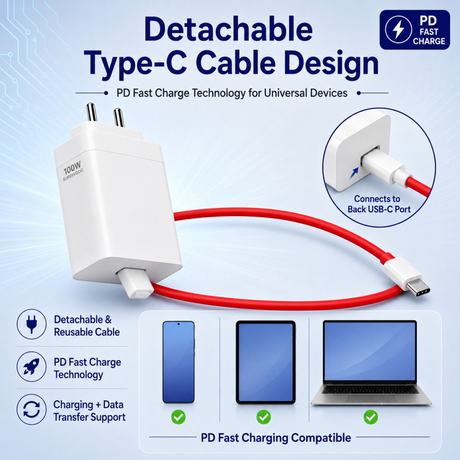 Image of yuvika 100 W SuperVOOC 9 A Wall Charger for Mobile with Detachable Cable