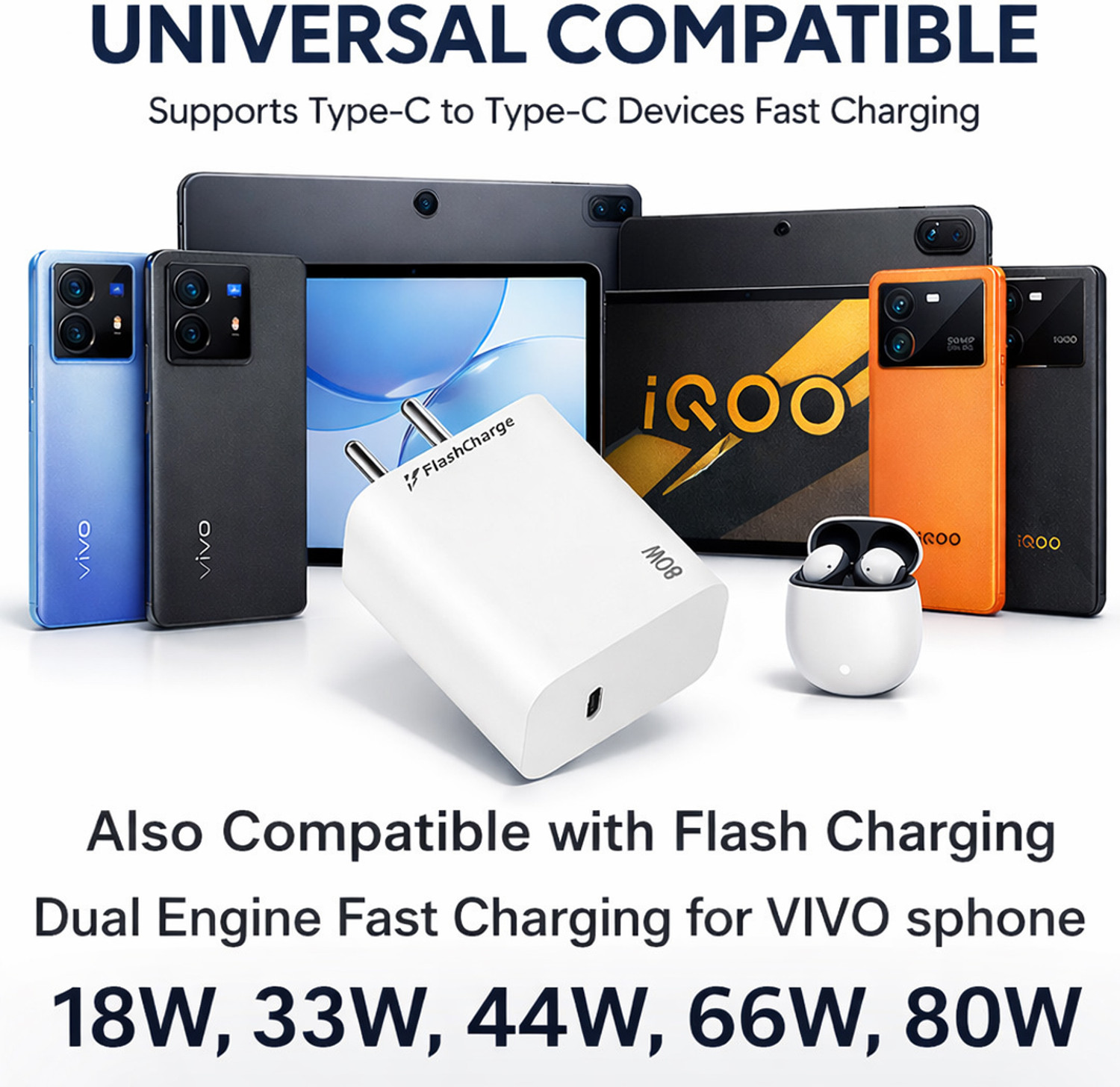 Image of RVAT 80 W Quick Charge 7.3 A Wall Charger for Mobile with Detachable Cable