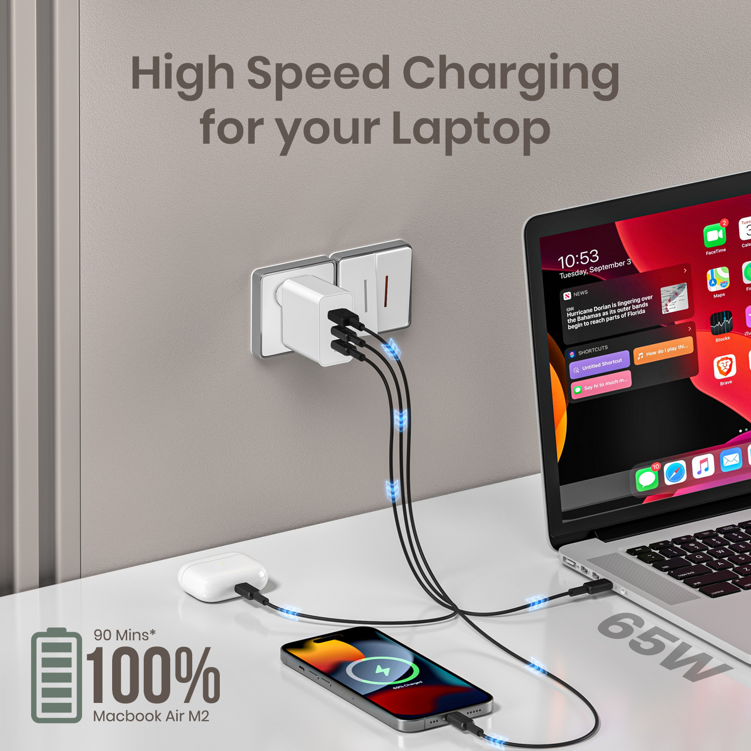 Image of Portronics 65 W PPS 3.25 A Wall Charger for Mobile with Detachable Cable