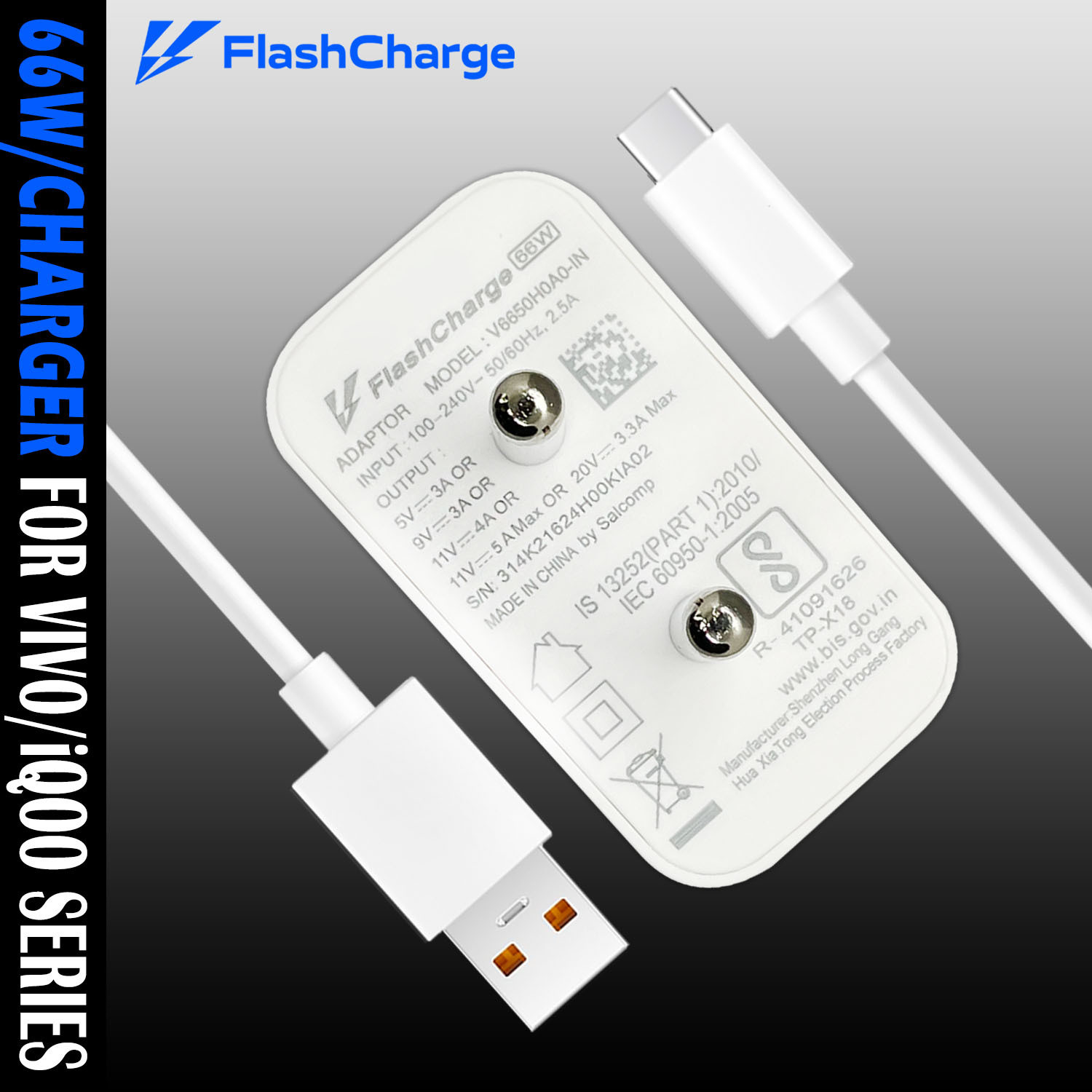 Image of Safa 66 W Quick Charge 6 A Wall Charger for Mobile with Detachable Cable (White, For S Series / T Series / Y Series / V Series And X Series, Cable Included)
