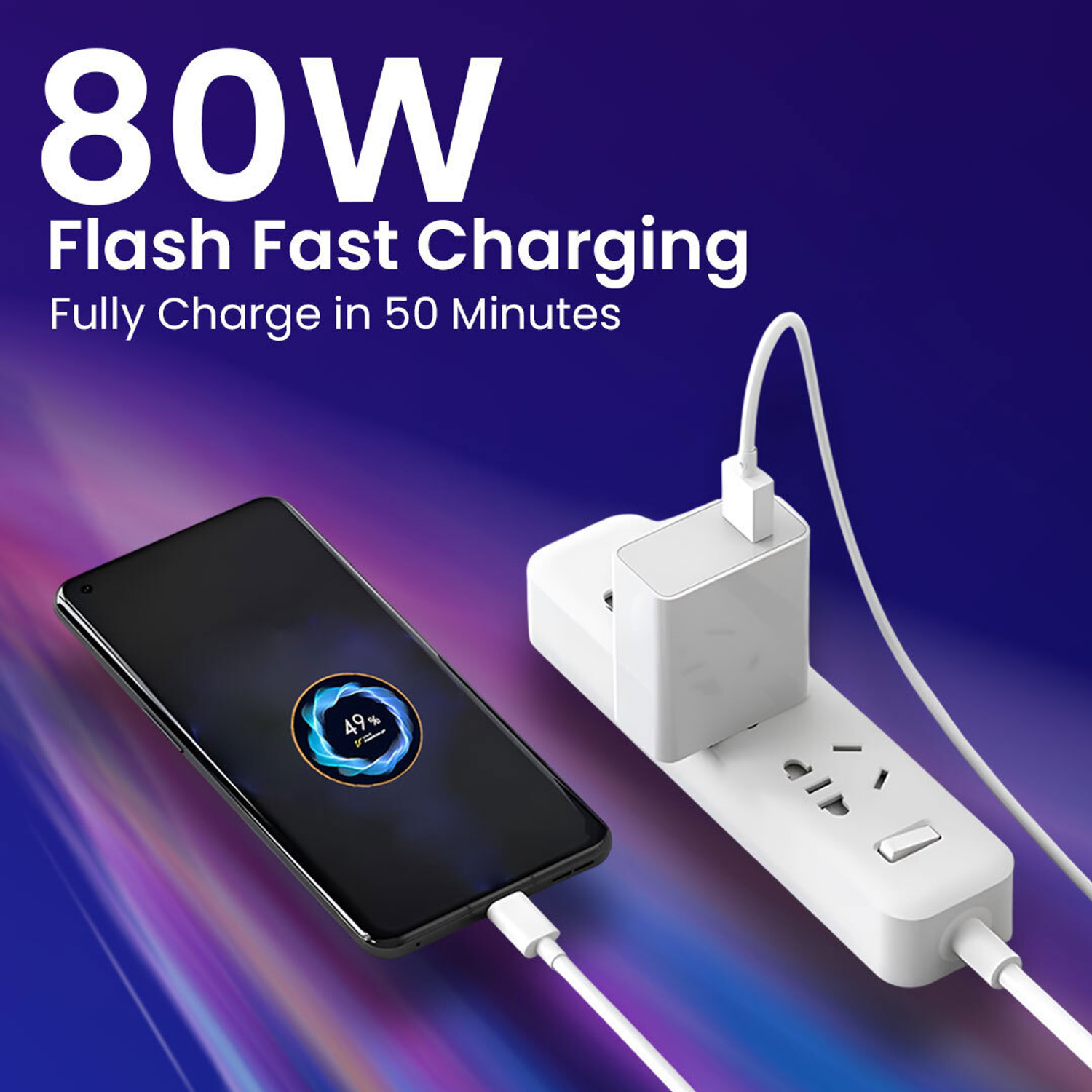 Image of MAK 80 W Adaptive Charging 4 A Wall Charger for Mobile with Detachable Cable (White Superfast Charger Compatible for Vivo V40E 5g Adapter)