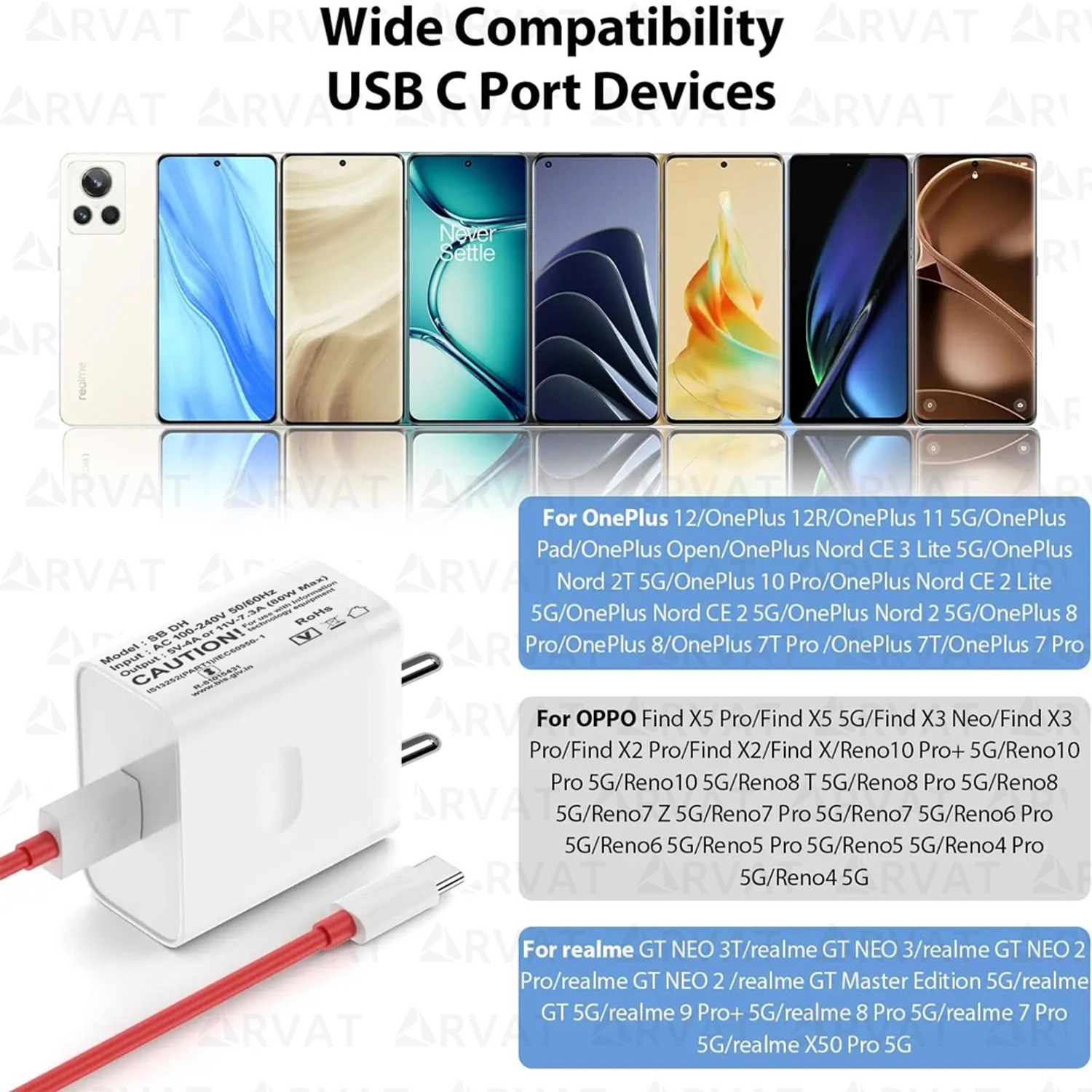 Image of RVAT 80 W SuperVOOC 7 A Wall Charger for Mobile with Detachable Cable