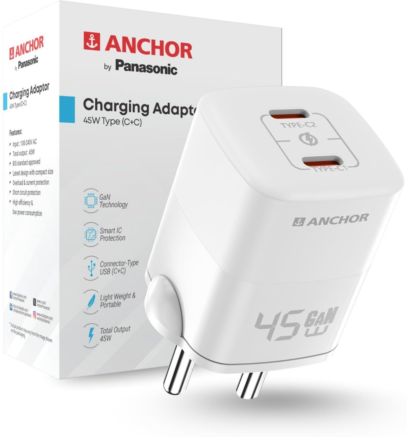 Image of ANCHOR 45 W Adaptive Fast Charging 0.1 A Wall Charger for Mobile with Detachable Cable