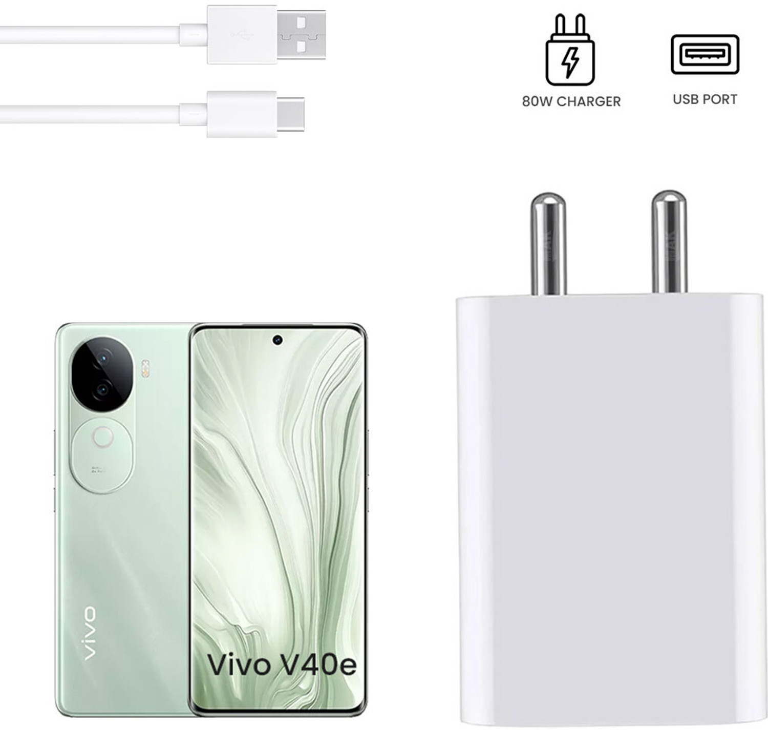 Image of MAK 80 W Adaptive Charging 4 A Wall Charger for Mobile with Detachable Cable (White Superfast Charger Compatible for Vivo V40E 5g Adapter)