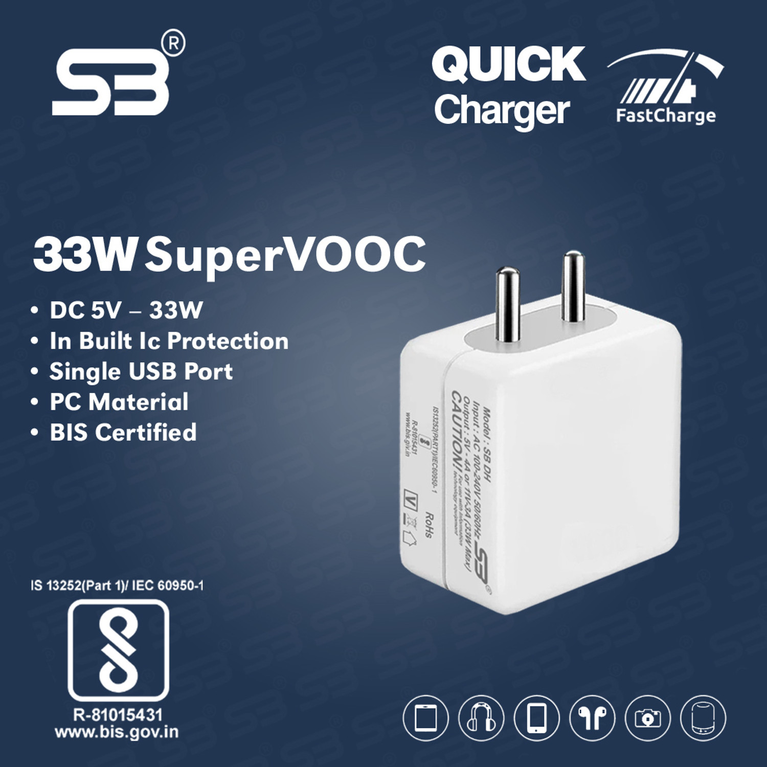 Image of SB 33 W Quick Charge 4 A Wall Charger for Mobile with Detachable Cable