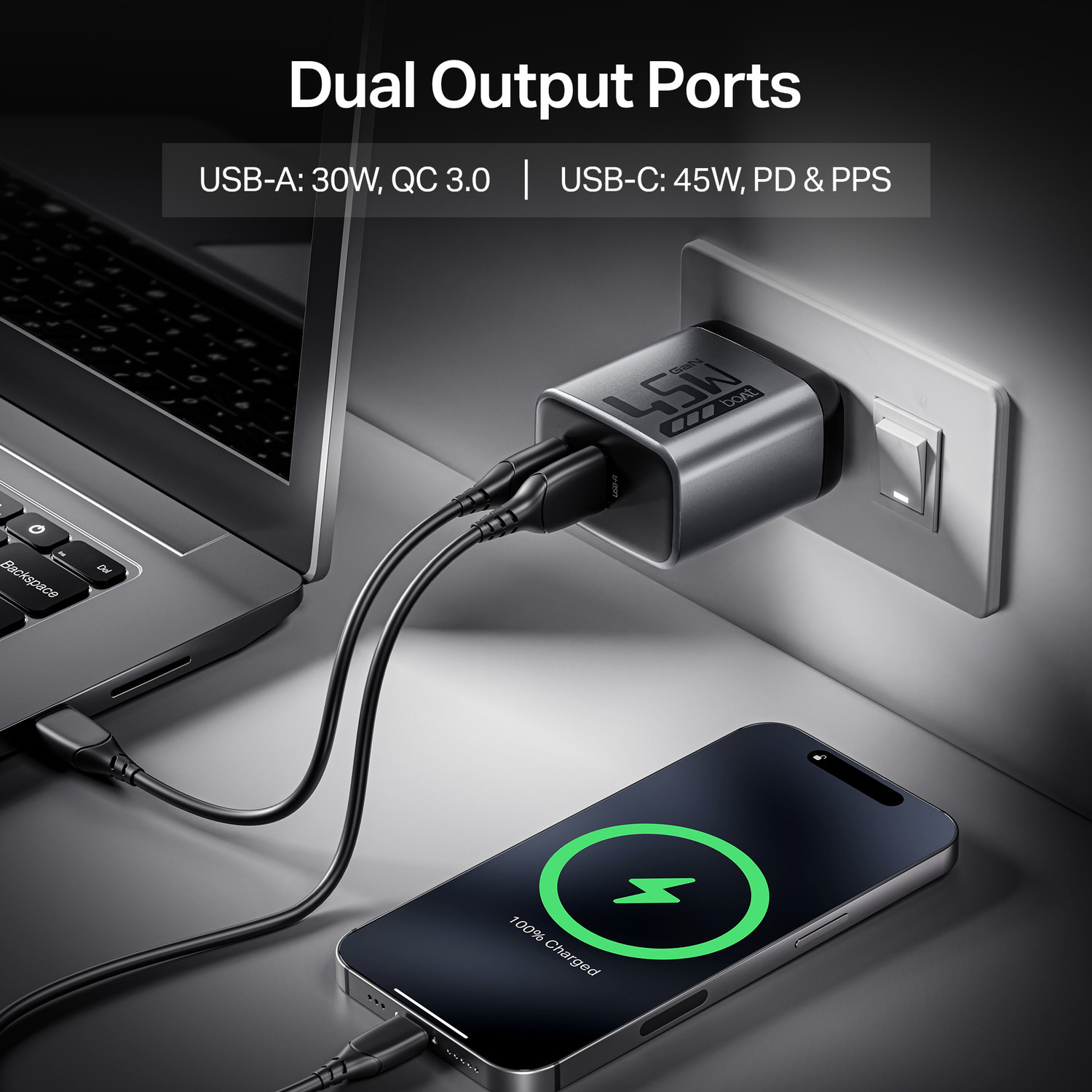 Image of boAt 45 W GaN 3 A Wall Charger for Mobile with Detachable Cable