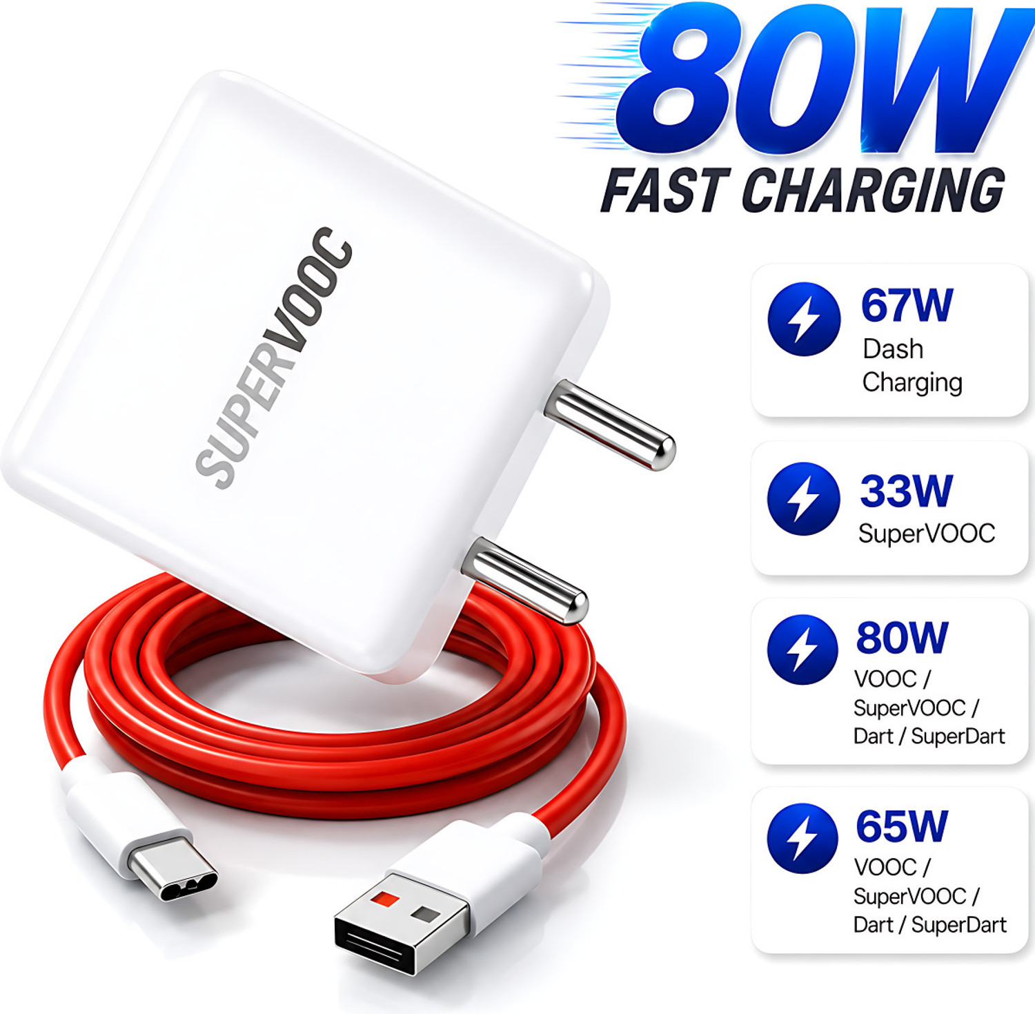 Image of MAK 80 W SuperVOOC 5 A Wall Charger for Mobile with Detachable Cable