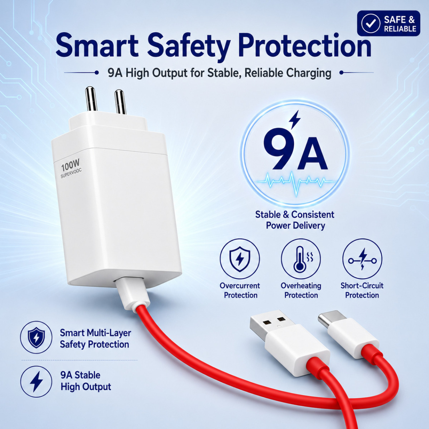 Image of yuvika 100 W SuperVOOC 9 A Wall Charger for Mobile with Detachable Cable