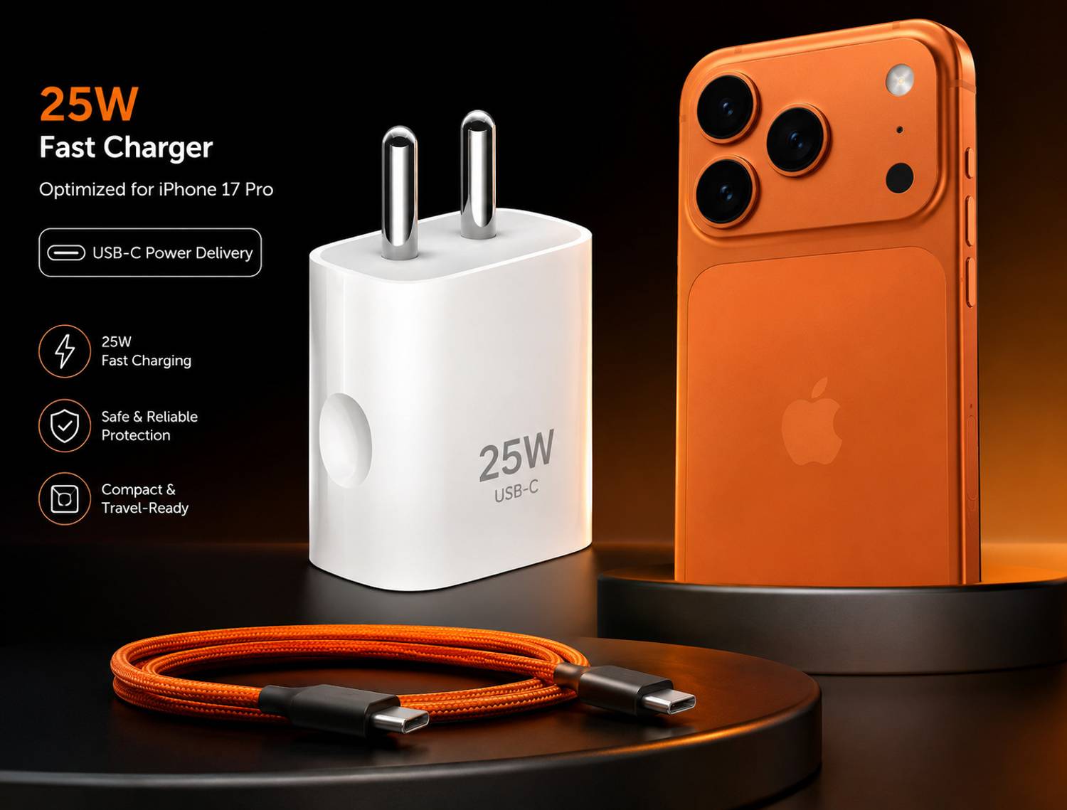 ULTRADART 25 W Quick Charge 3.1 A Wall Charger for Mobile with Detachable Cable