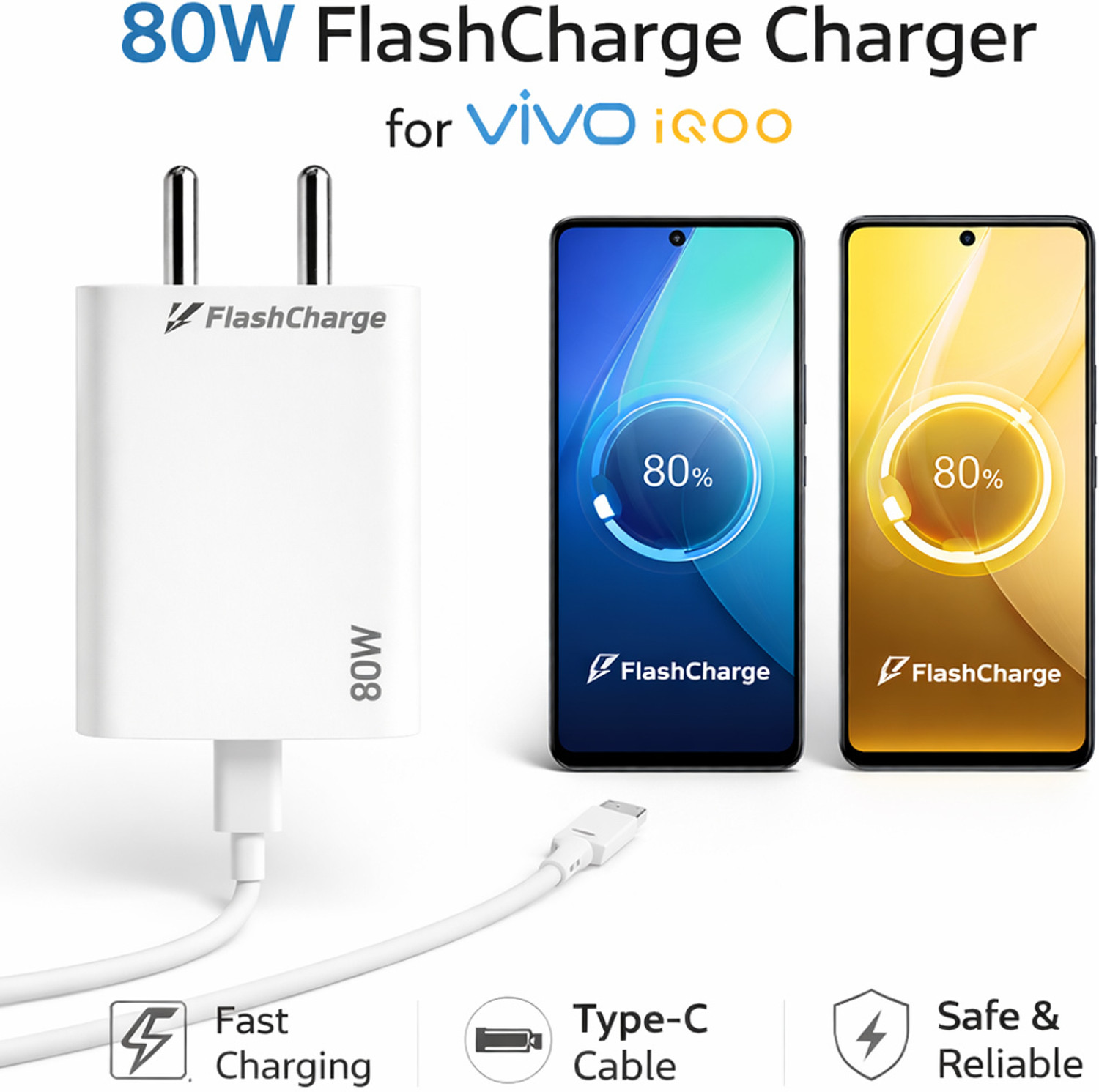 Image of RVAT 80 W Quick Charge 7.3 A Wall Charger for Mobile with Detachable Cable