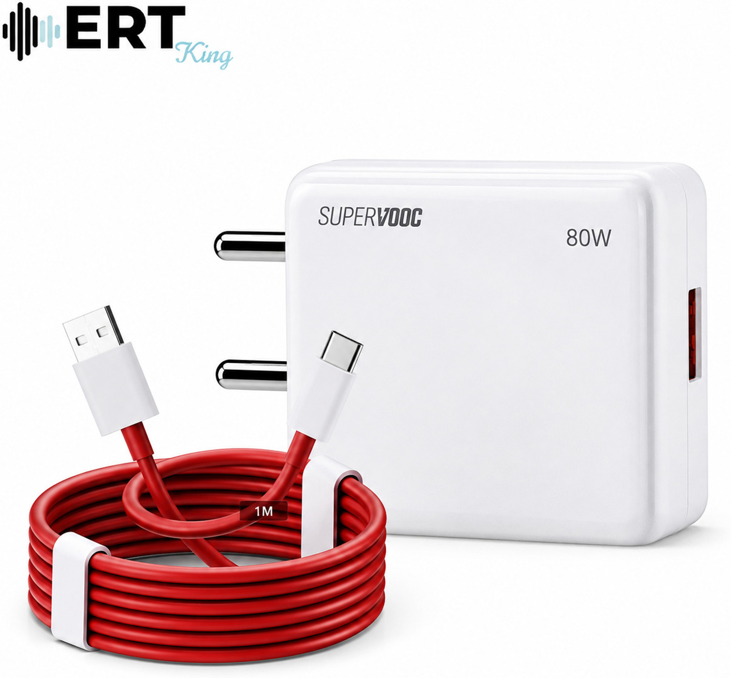 Image of ERT KING 80 W Adaptive Fast Charging 7.3 A Wall Charger for Mobile with Detachable Cable (White, Red)