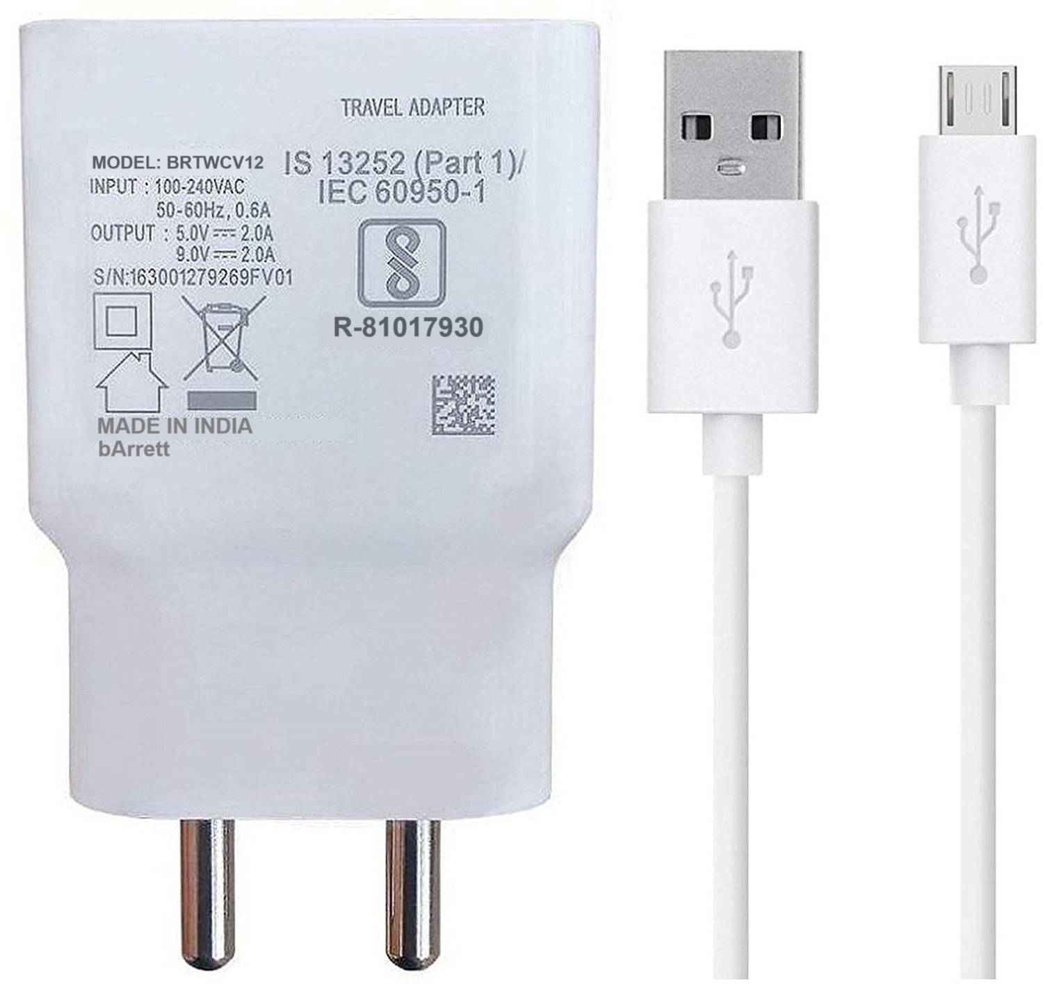 bArrett 12 W Quick Charge 2.4 A Wall Charger for Mobile with Detachable Cable