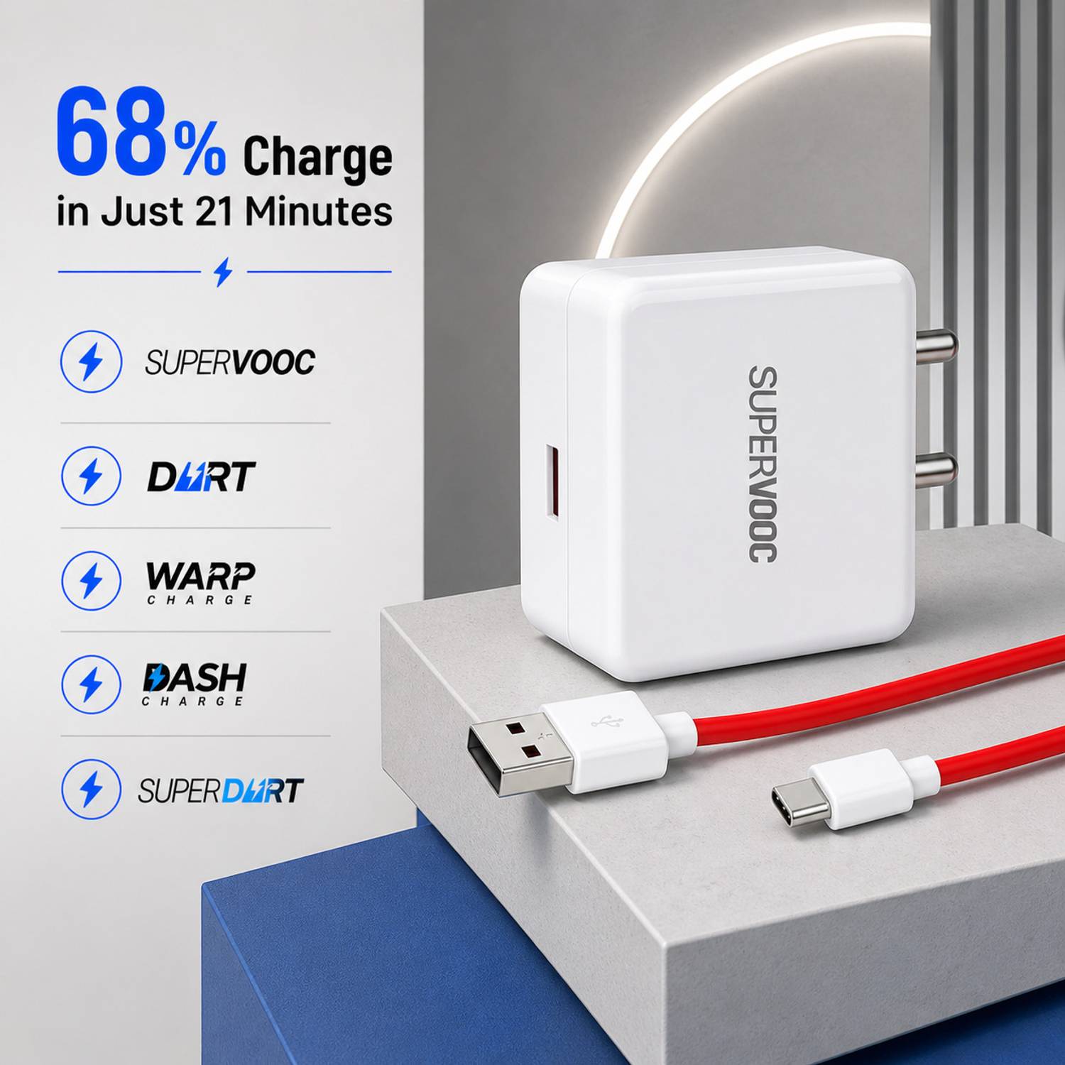 CLAT 80 W SuperVOOC 6 A Wall Charger for Mobile with Detachable Cable