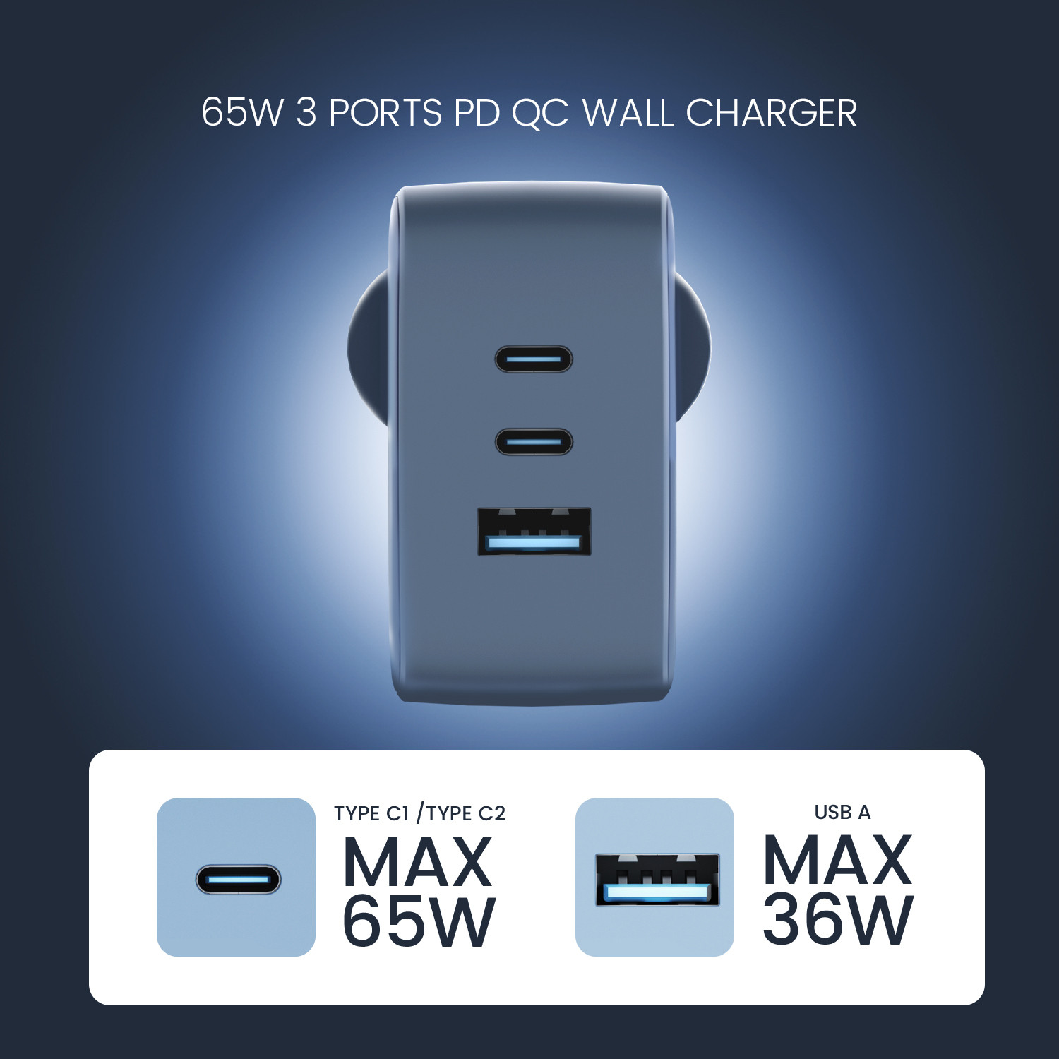 Image of DeperAI 65 W GaN 3.4 A 3 Port Mobile Charger with Detachable Cable