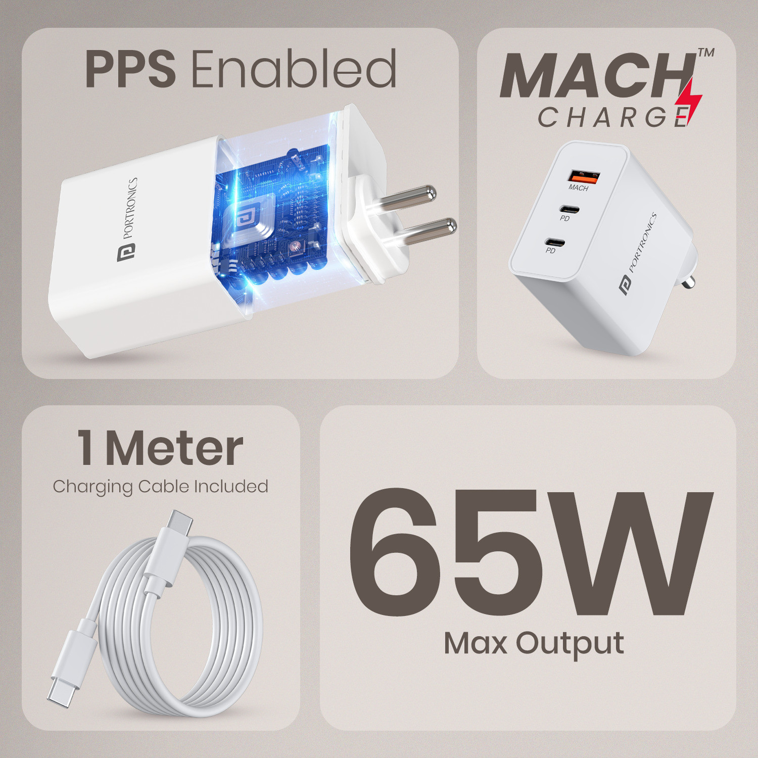 Image of Portronics 65 W PPS 3.25 A Wall Charger for Mobile with Detachable Cable