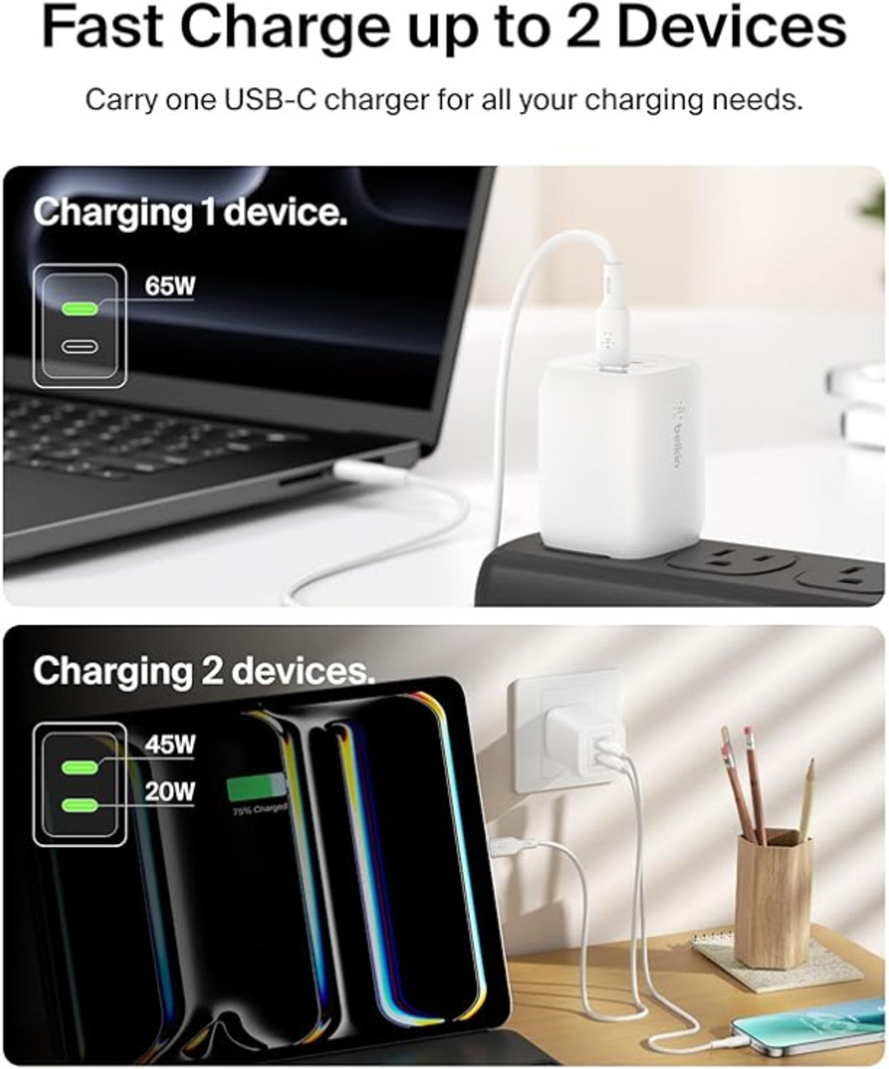 Image of BELKIN 65 W 3 A Wall Charger for Mobile with Detachable Cable (White)