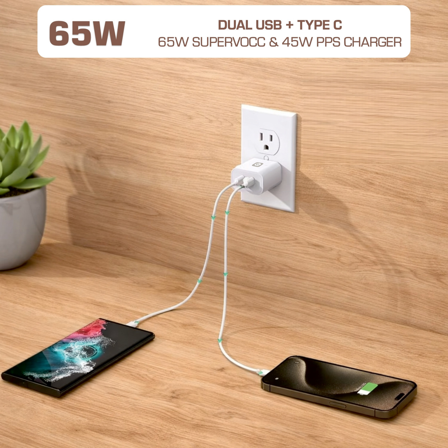Image of eddiktion 65 W SuperVOOC 2.4 A Dual Port Mobile Charger with Detachable Cable