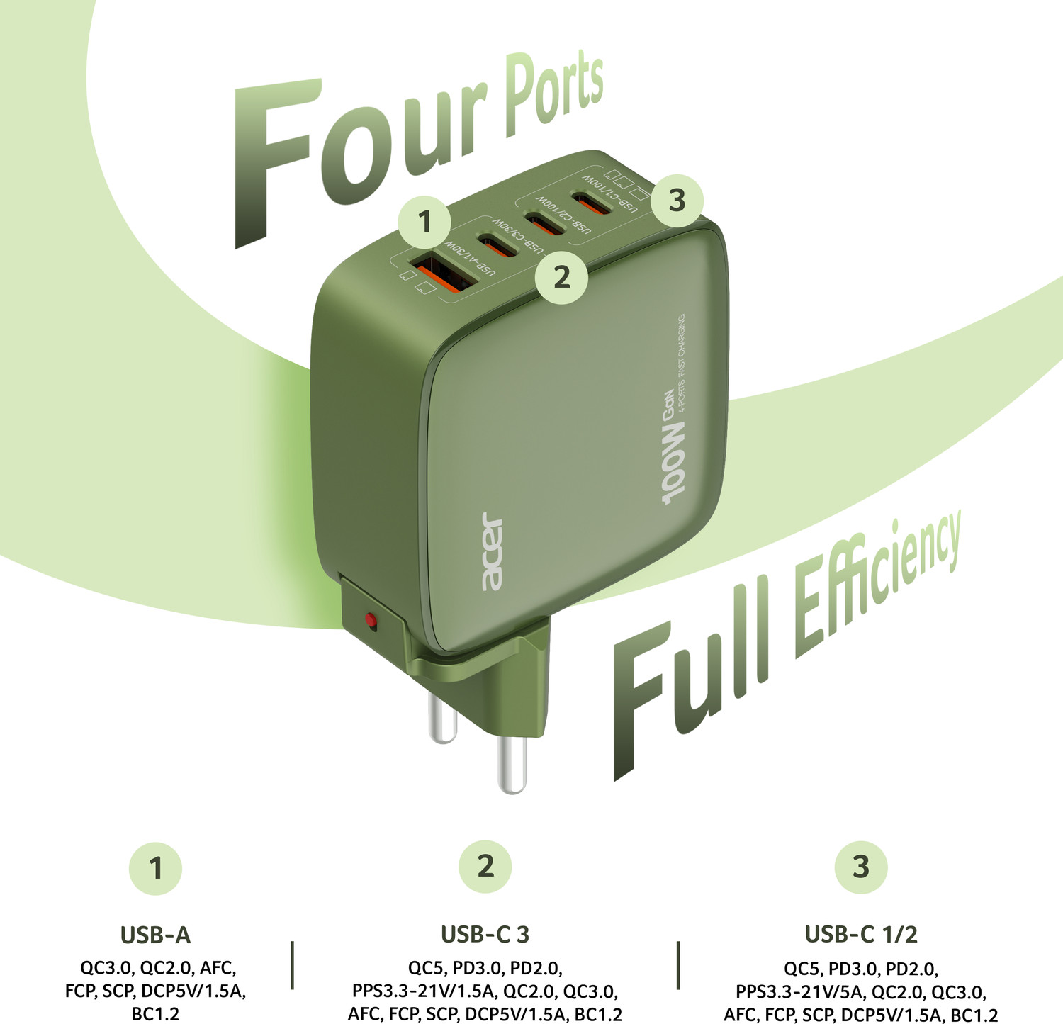 Image of Acer 100 W GaN 5 A Multi-pin Wall Charger for Mobile with Detachable Cable
