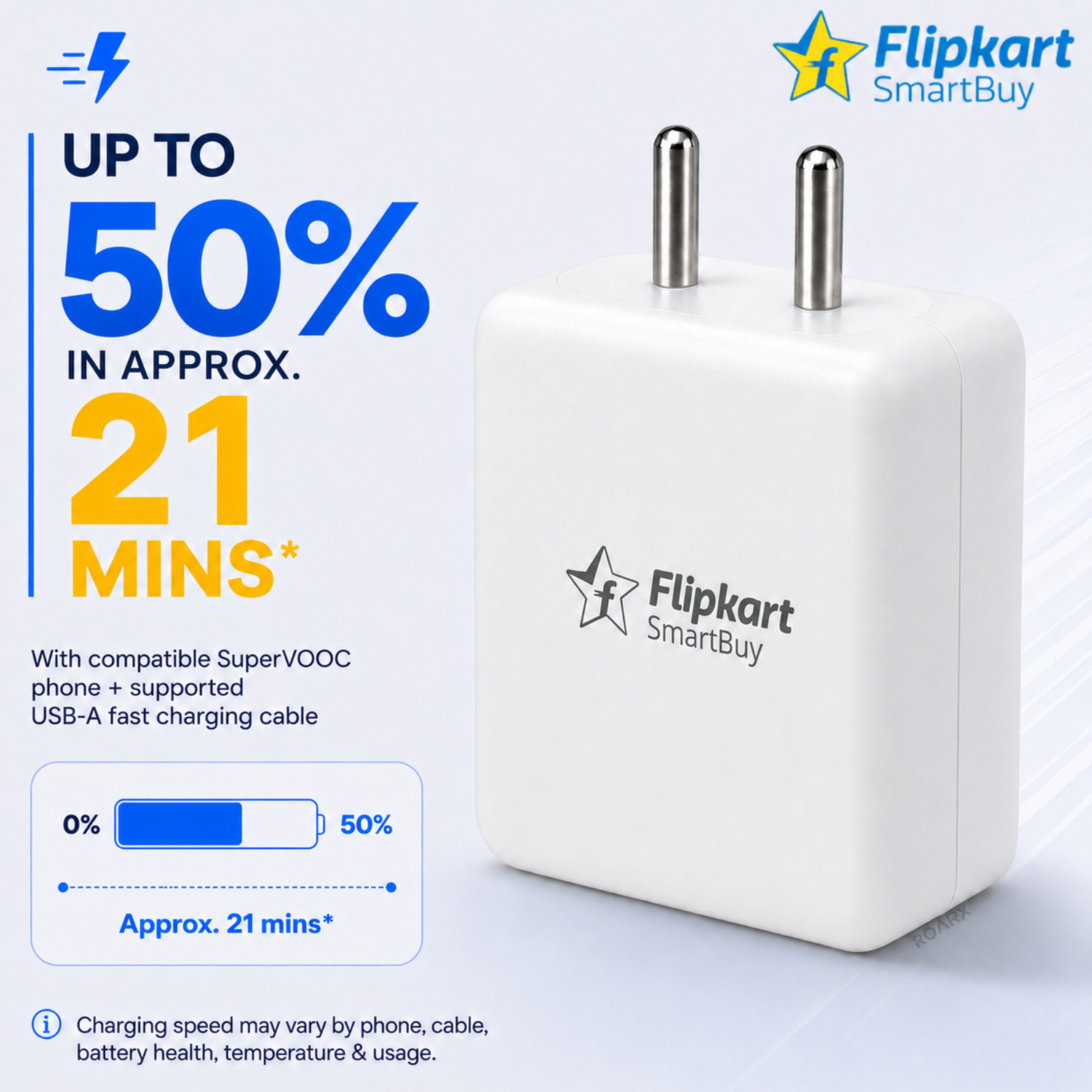 Image of Flipkart SmartBuy 100 W SuperVOOC 9 A Wall Charger for Mobile with Detachable Cable