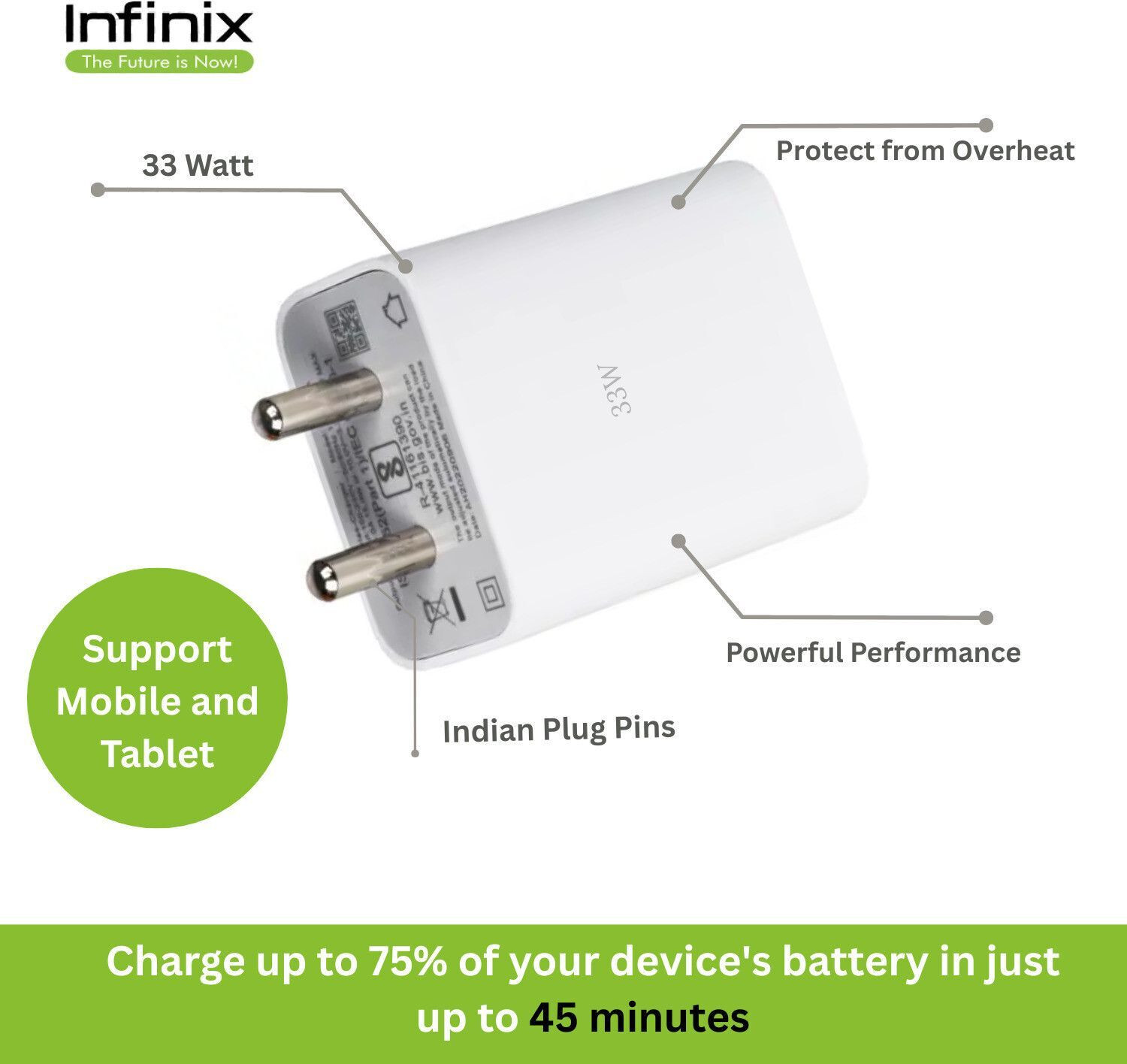 Image of Infinix 33 W Supercharge 3.4 A Wall Charger for Mobile with Detachable Cable
