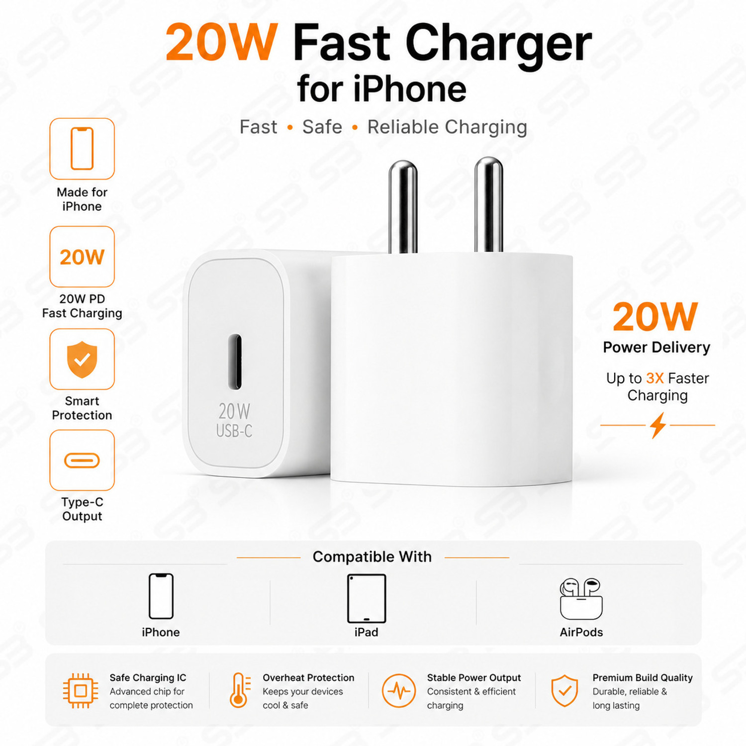 Image of SB 20 W Quick Charge 3 A Wall Charger for Mobile with Detachable Cable