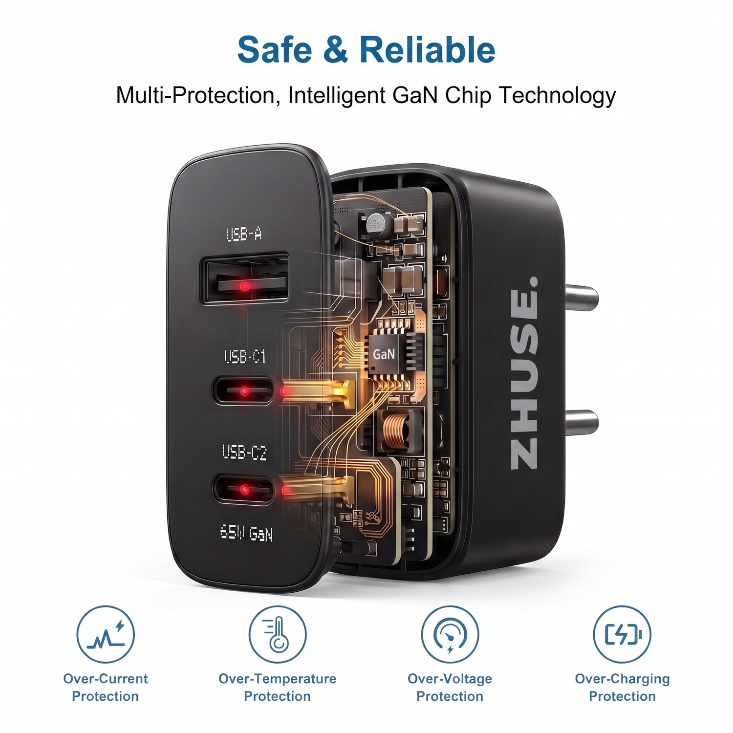 Image of Zhuse 65 W Power GaN 6.5 A 3 Port Mobile Charger with Detachable Cable
