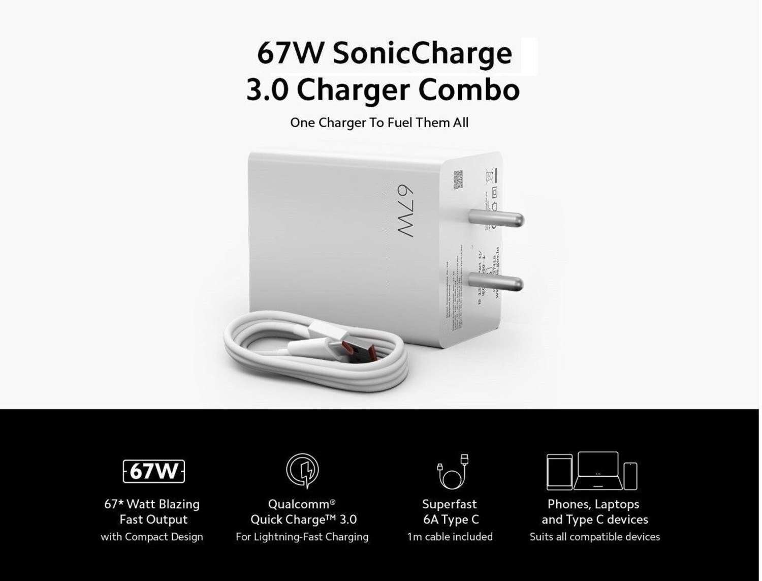 Image of MBrix 67 W SonicCharge Wall Charger for Mobile with Detachable Cable