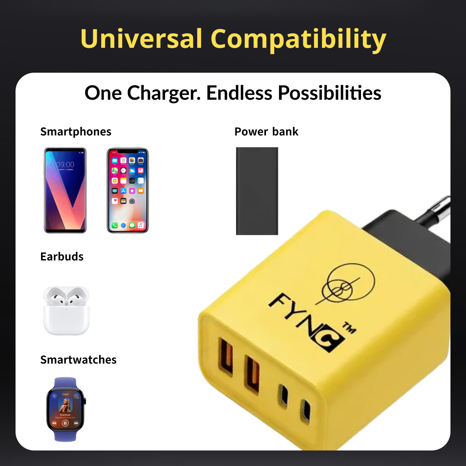 Image of FYNC 120 W 2.4 A Dual Port Mobile Charger with Detachable Cable