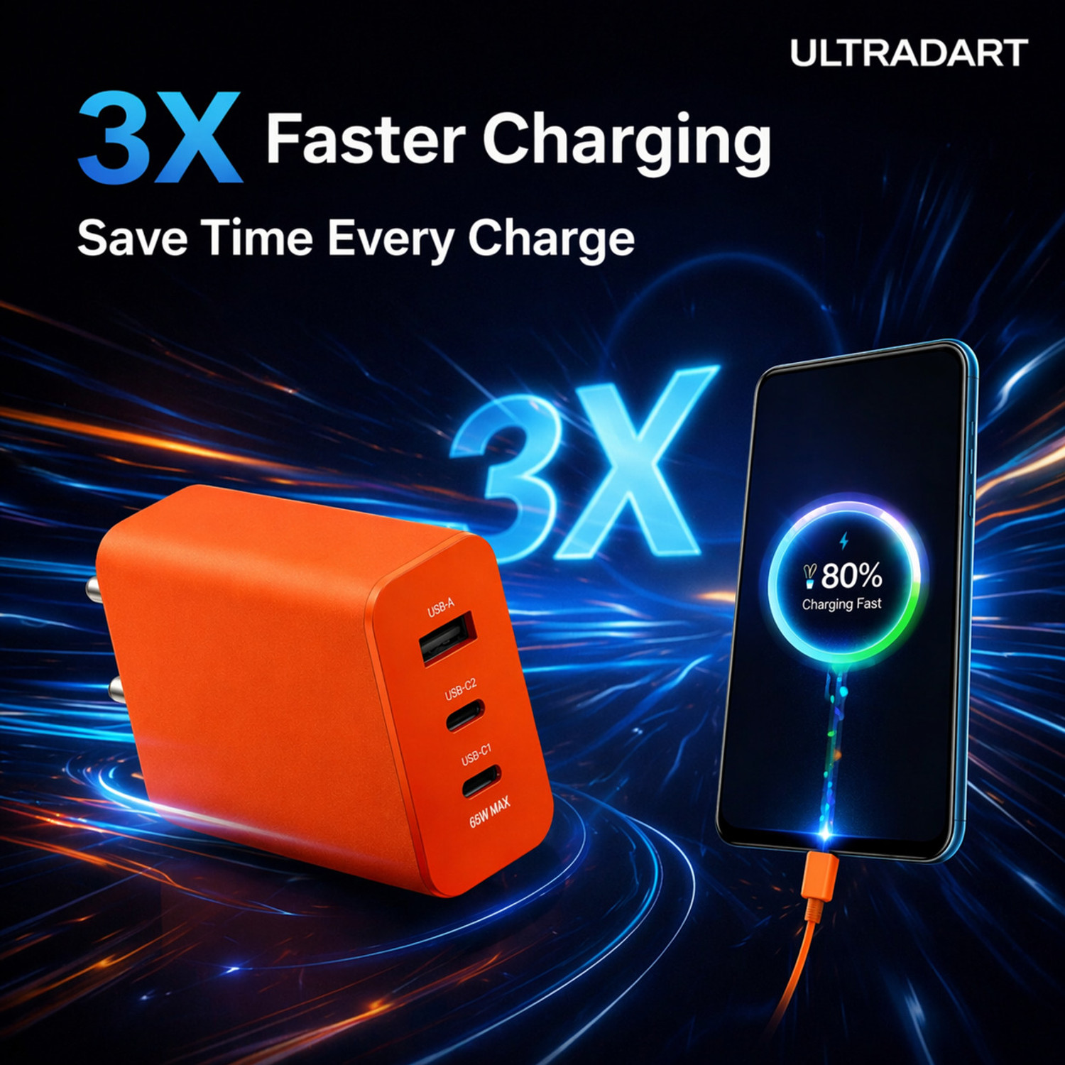 Image of ULTRADART 65 W GaN 6.5 A Wall Charger for Mobile (Orange)