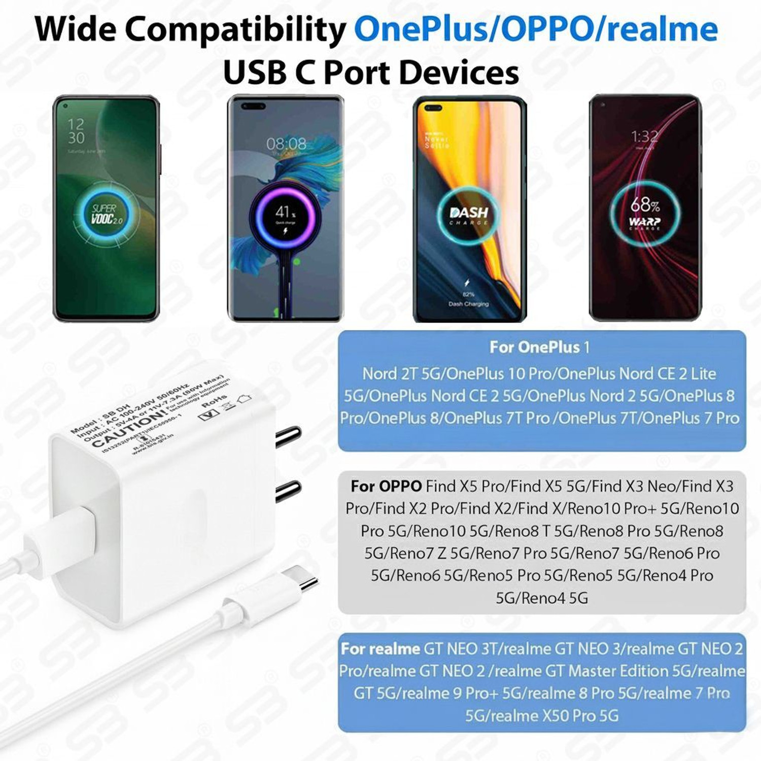 Image of SB 80 W SuperVOOC 7.3 A Wall Charger for Mobile with Detachable Cable