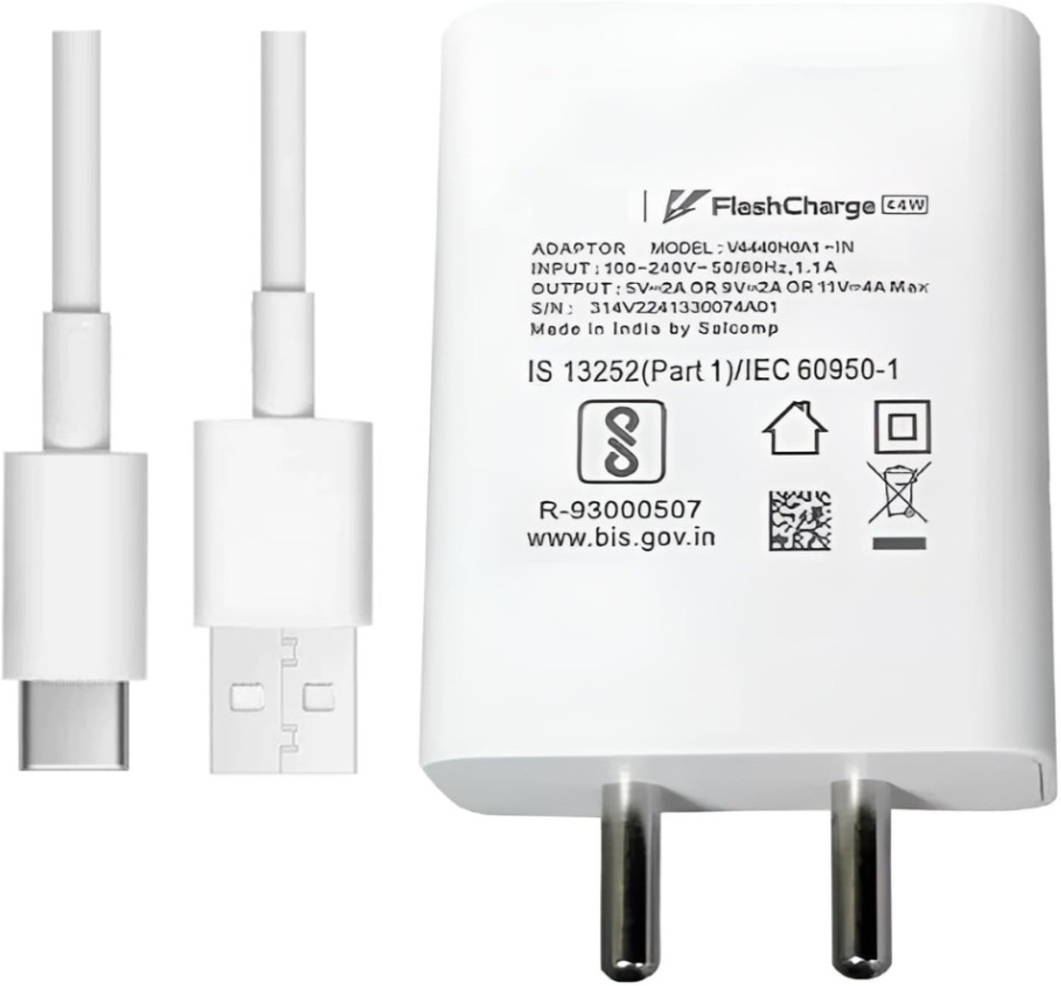 Image of BLYNOIZ 44 W Quick Charge 4 A Wall Charger for Mobile with Detachable Cable