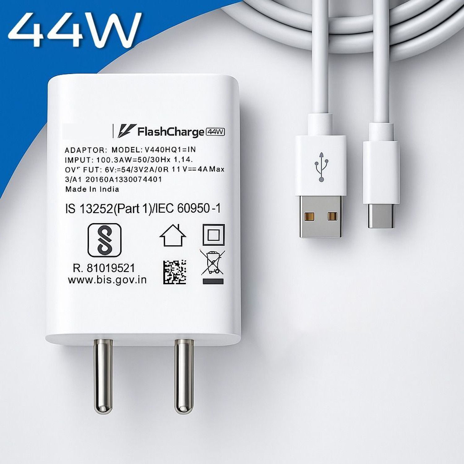 Image of vivo 44 W Qualcomm 3.0 3 A Single Port Mobile Charger with Detachable Cable