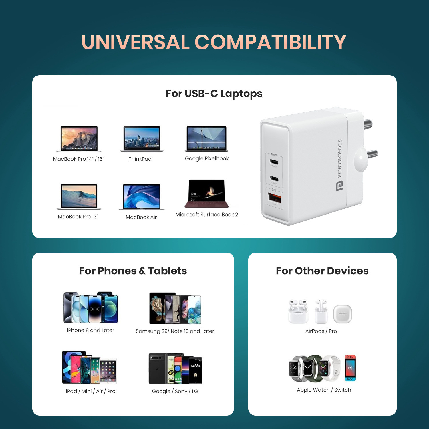 Image of Portronics 100 W GaN 3 A 3 Port Tablet Charger with Detachable Cable