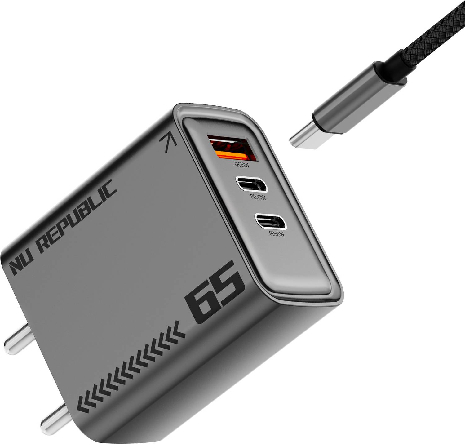 Nu Republic 65 W GaN 6 A 3 Port Mobile Charger with Detachable Cable