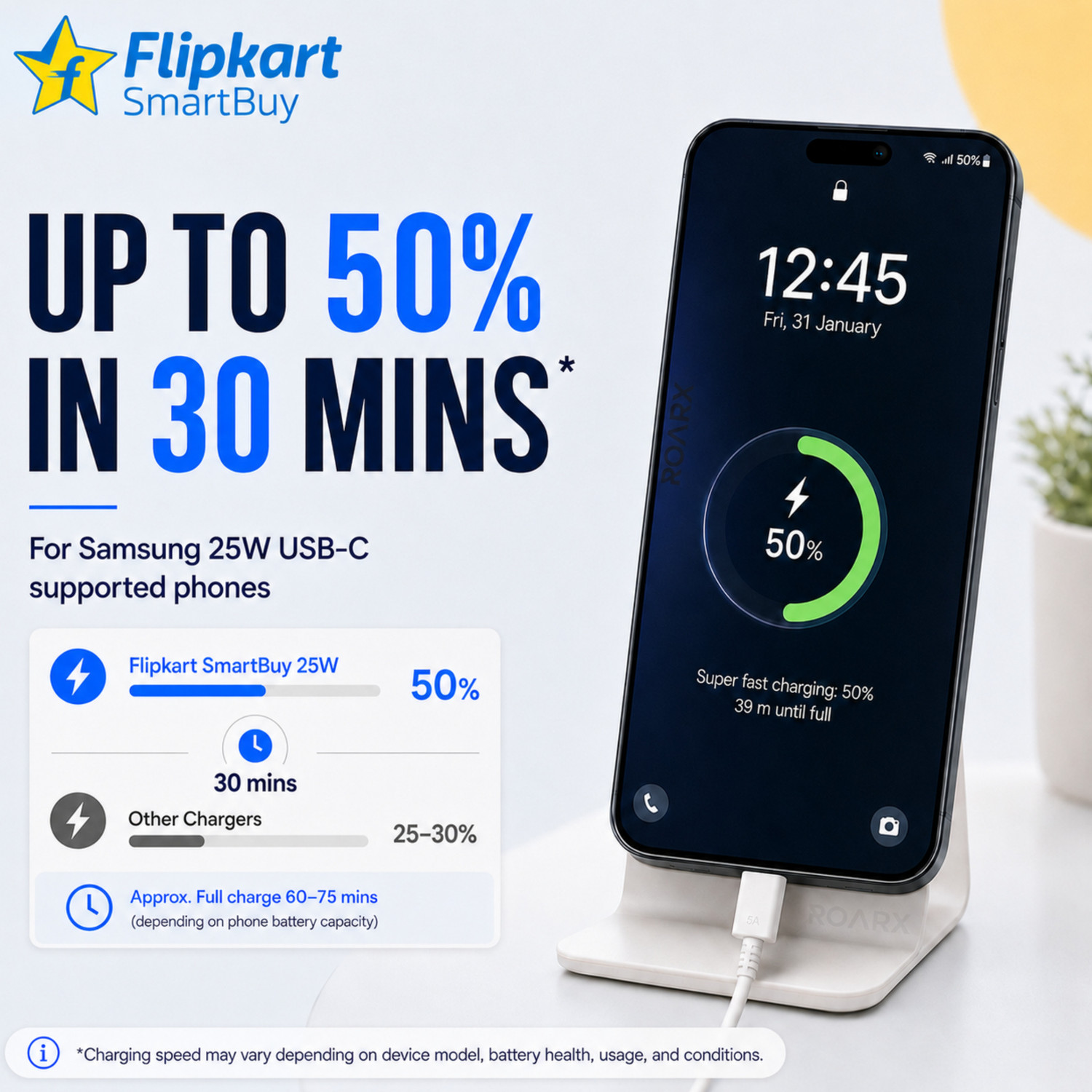 Image of Flipkart SmartBuy 25 W Supercharge 3 A Wall Charger for Mobile with Detachable Cable
