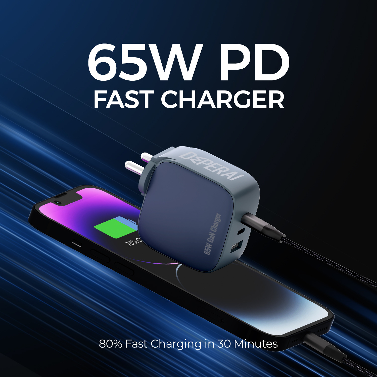 Image of DeperAI 65 W GaN 3.4 A 3 Port Mobile Charger with Detachable Cable
