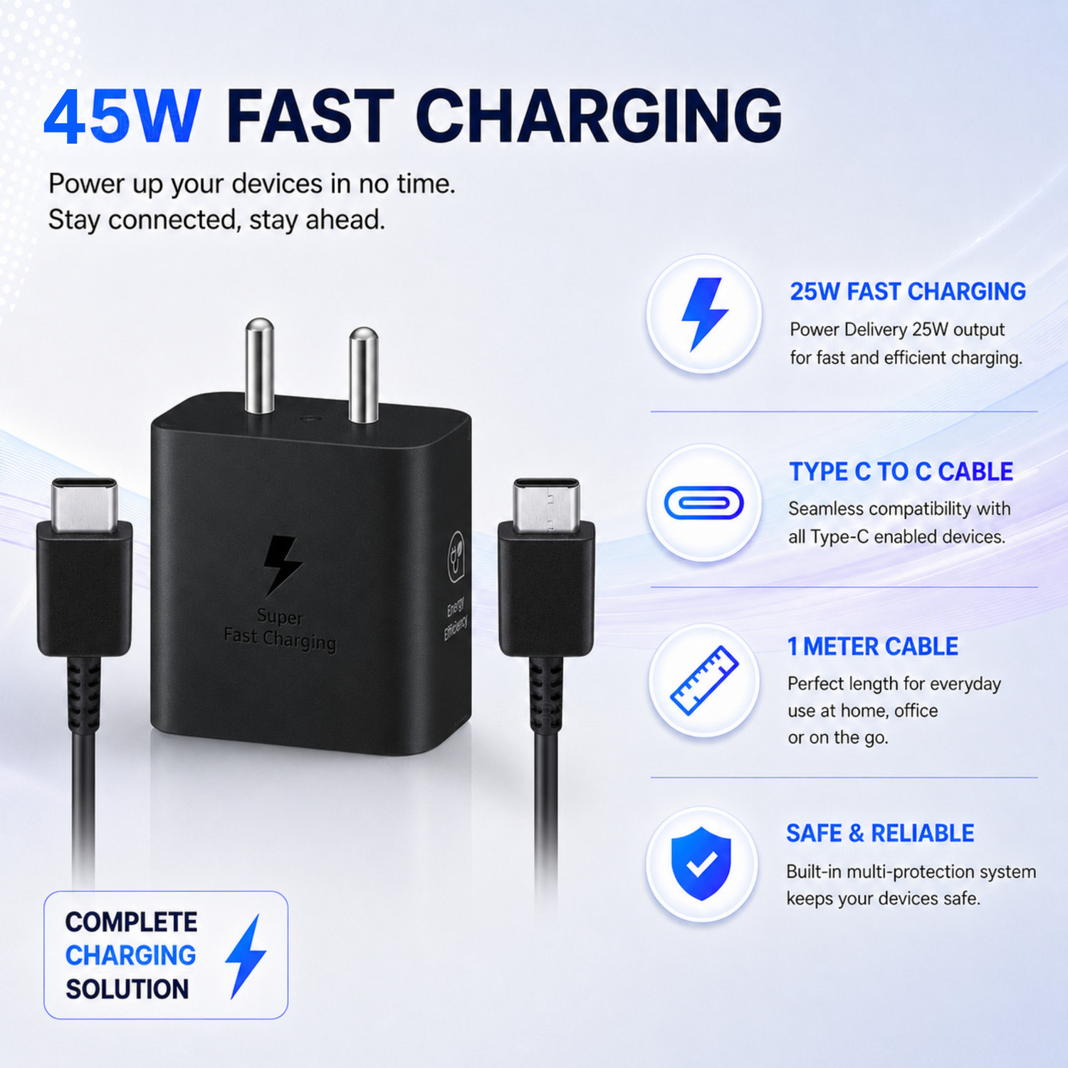 Image of ECNANIF ORIGINAL 45 W PD 4 A Single Port Mobile Charger with Detachable Cable (Compatible with Samsung Phone A36 5G / A26 5G, Black)