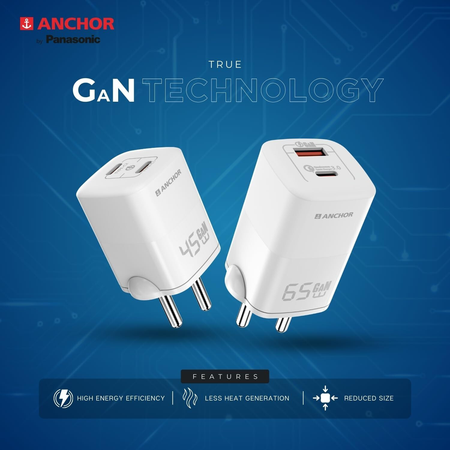 Image of ANCHOR 45 W Adaptive Fast Charging 0.1 A Wall Charger for Mobile with Detachable Cable