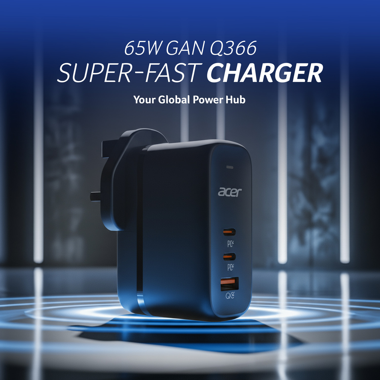 Image of Acer 65 W GaN 3.25 A 3 Port Mobile Charger with Detachable Cable
