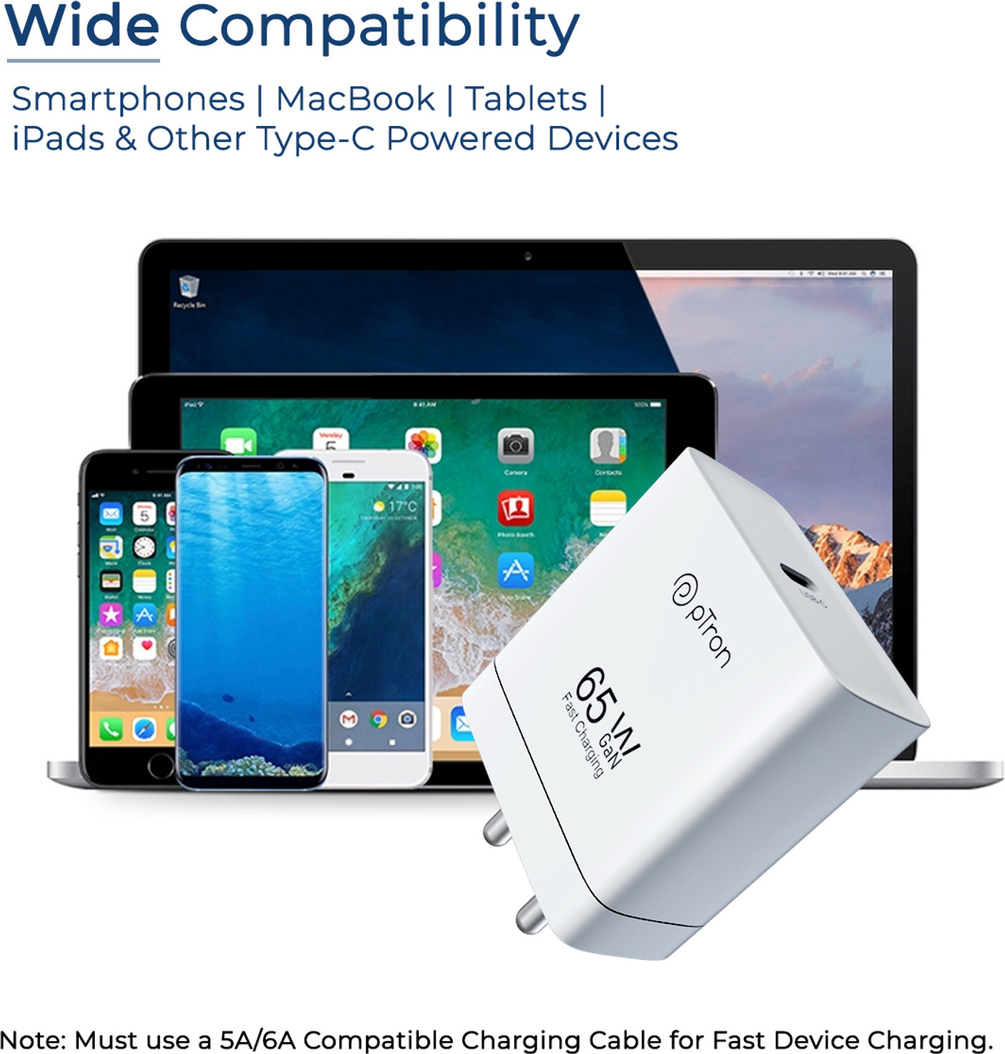 Image of PTron 65 W GaN 3.25 A Wall Charger for Mobile (White)