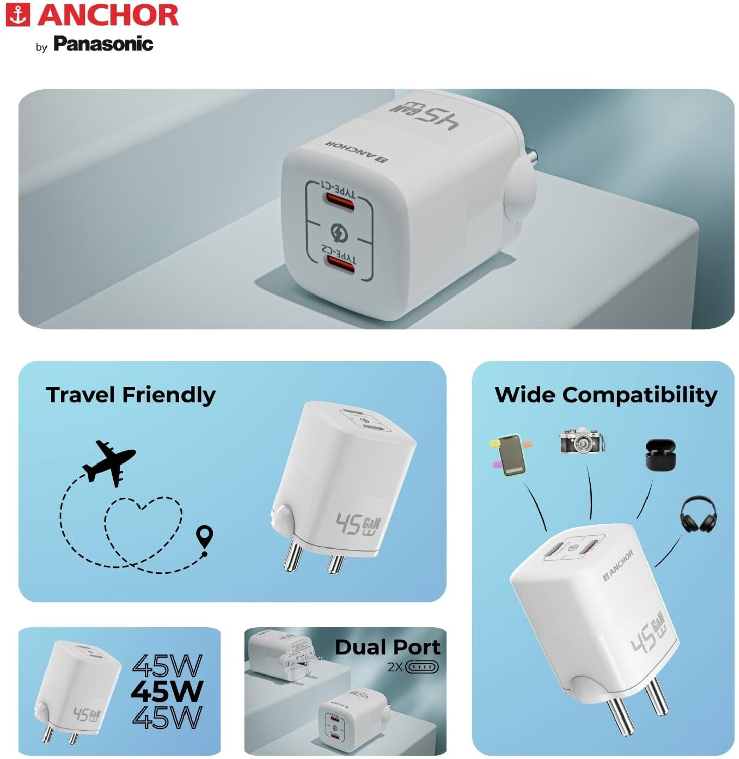Image of ANCHOR 45 W Adaptive Fast Charging 0.1 A Wall Charger for Mobile with Detachable Cable