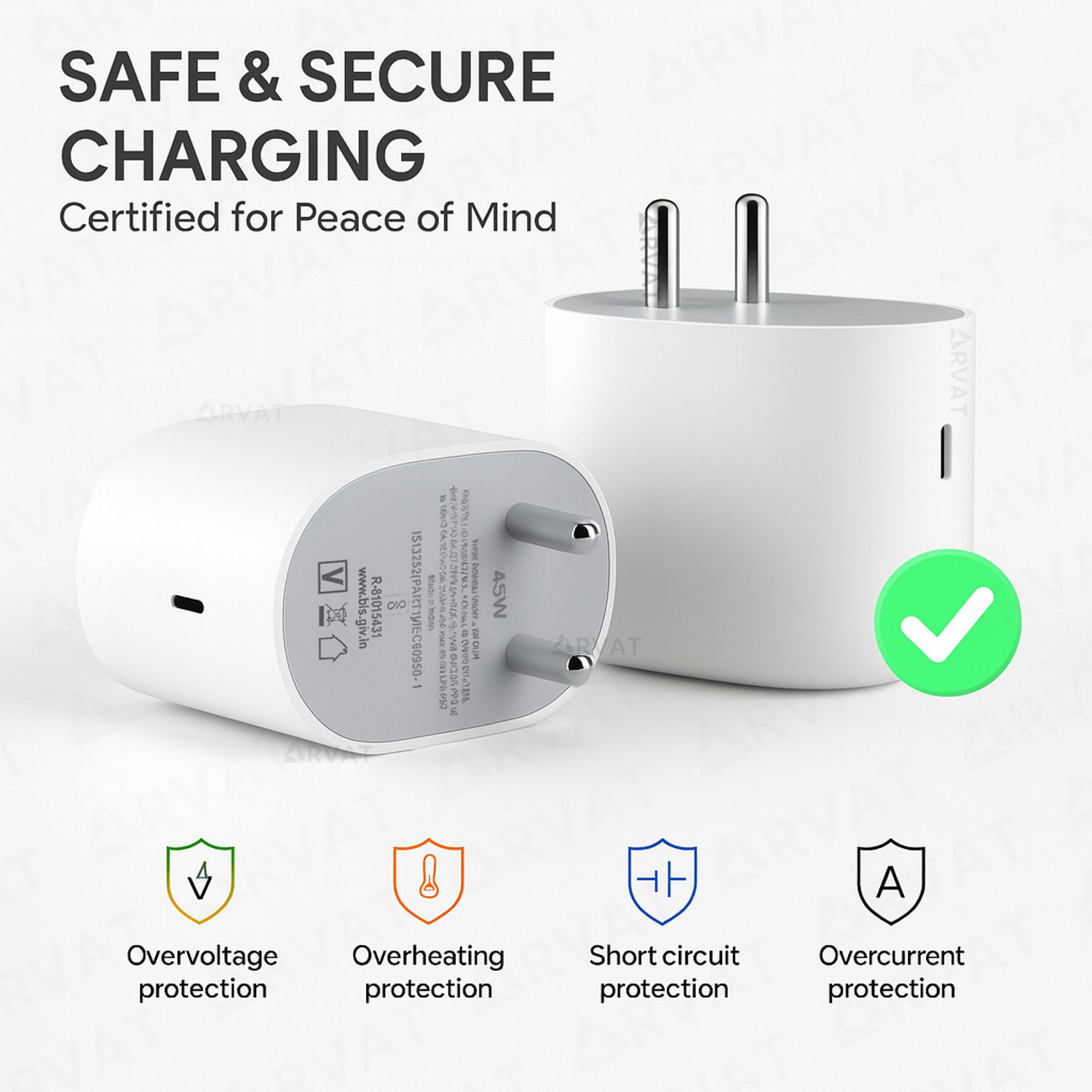 Image of RVAT 45 W GaN 3 A Wall Charger for Mobile with Detachable Cable