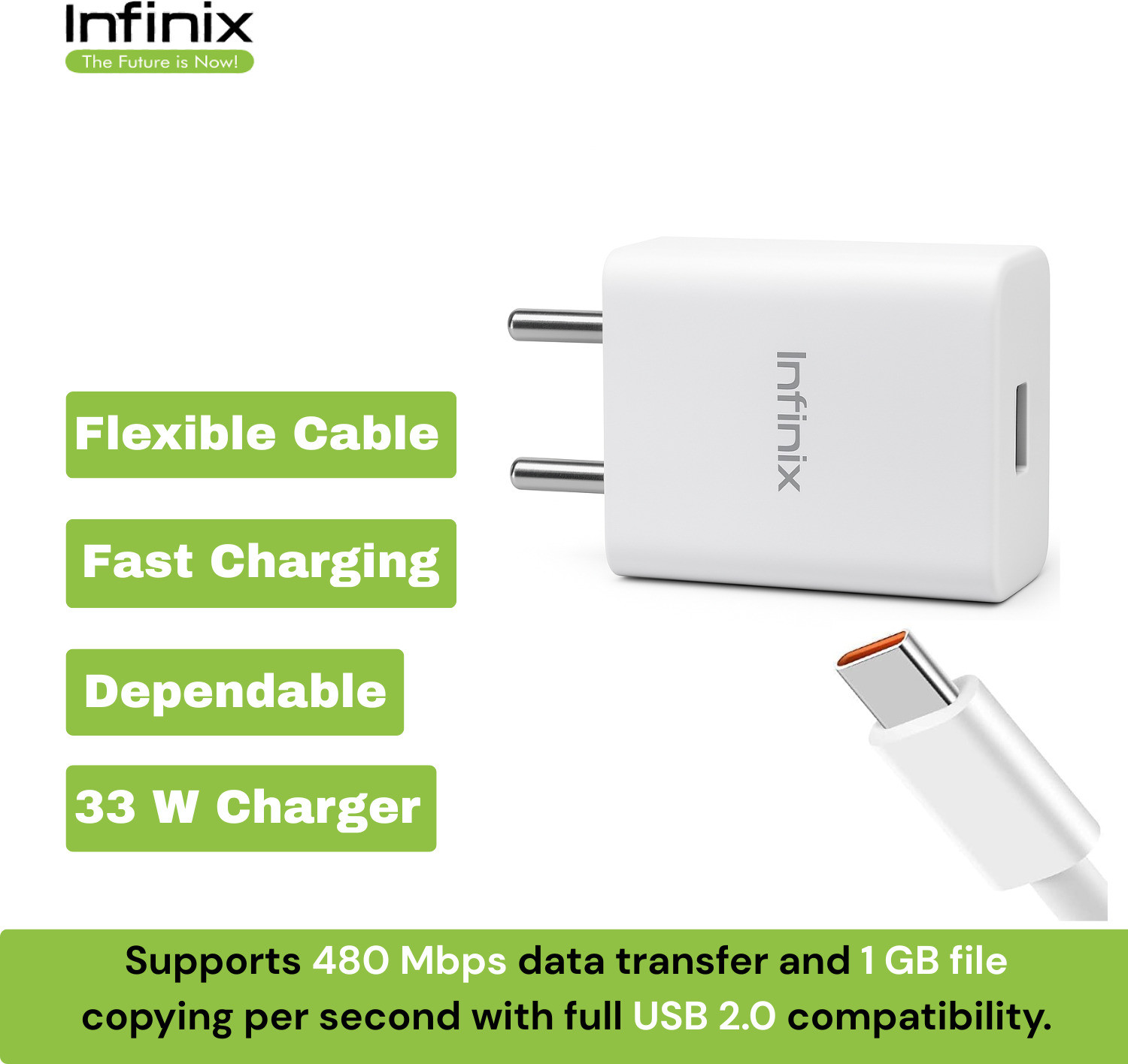 Image of Infinix 33 W Supercharge 3.4 A Wall Charger for Mobile with Detachable Cable