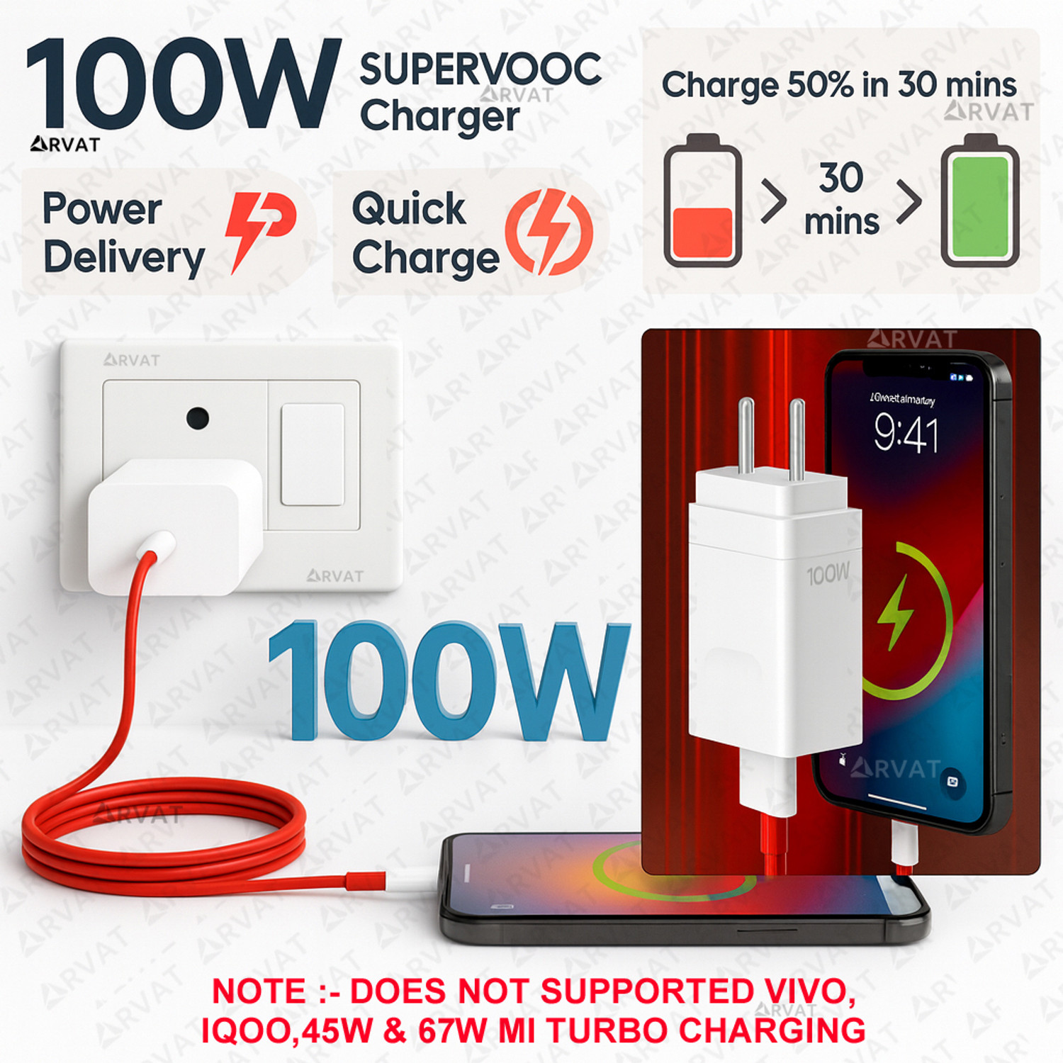 Image of RVAT 100 W SuperVOOC 9 A Wall Charger for Mobile with Detachable Cable