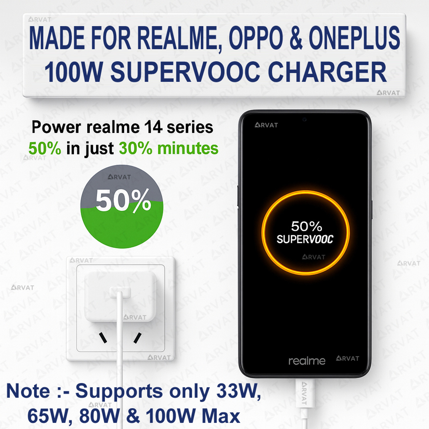 Image of RVAT 100 W SuperVOOC 9 A Wall Charger for Mobile with Detachable Cable