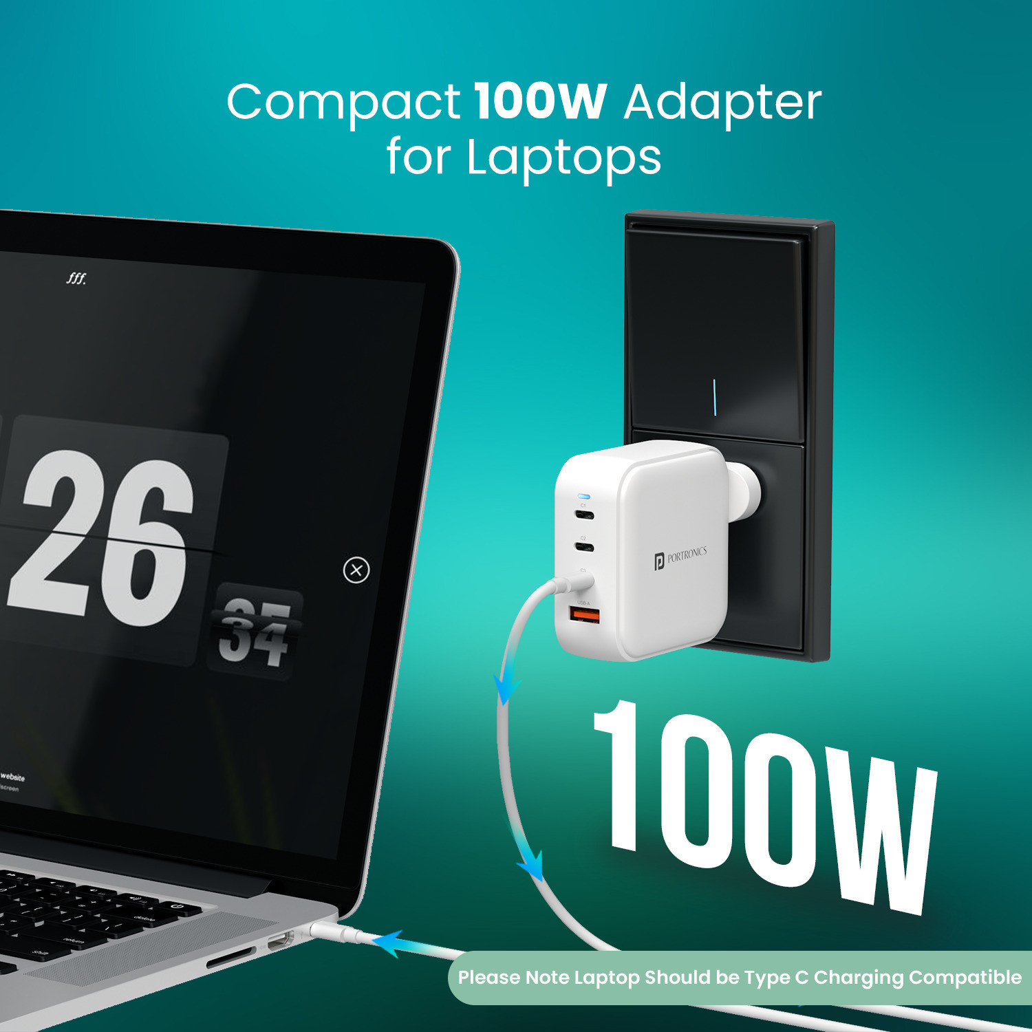 Image of Portronics 100 W GaN 5 A Wall Charger for Mobile with Detachable Cable