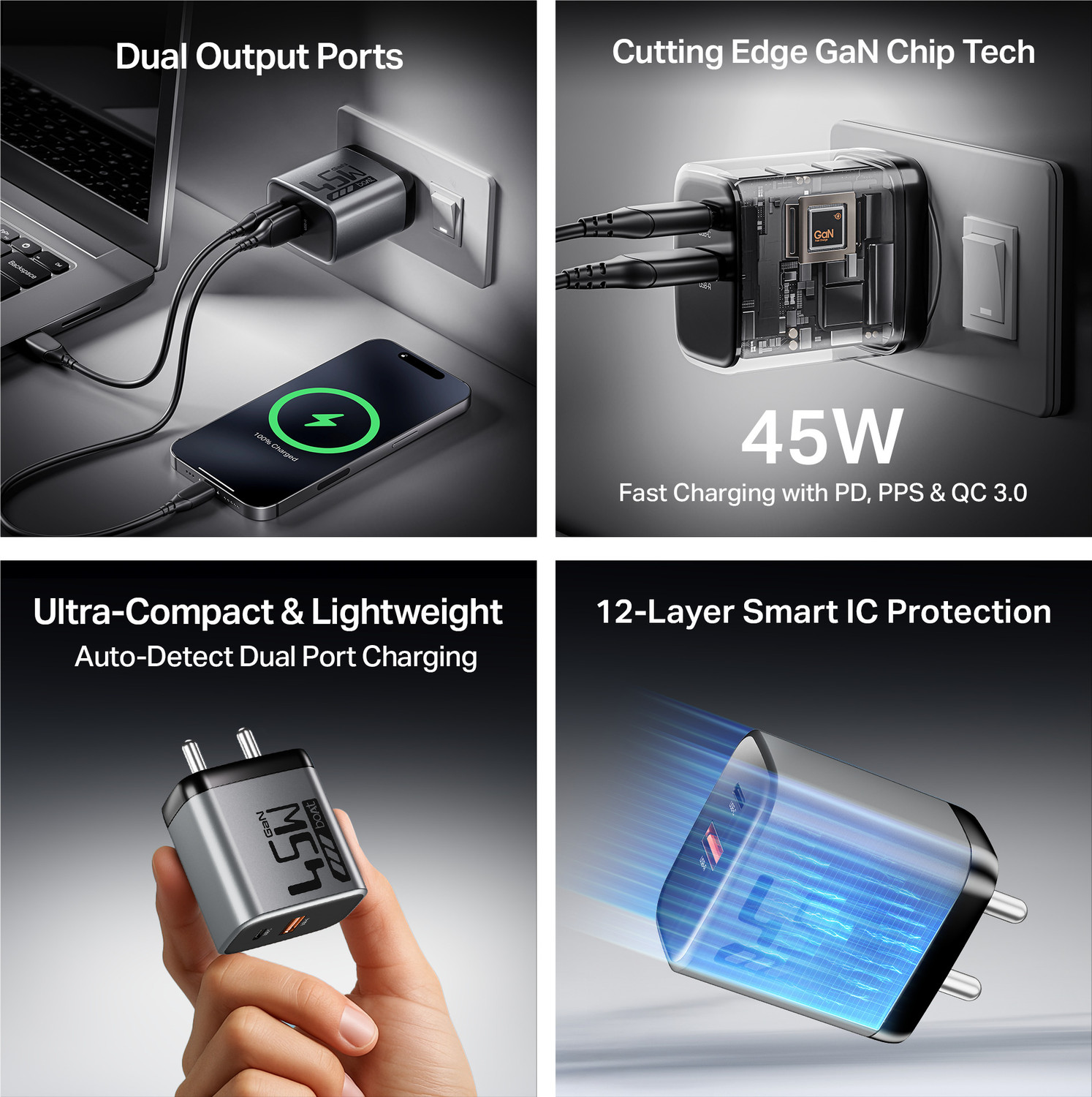 Image of boAt 45 W GaN 3 A Wall Charger for Mobile with Detachable Cable